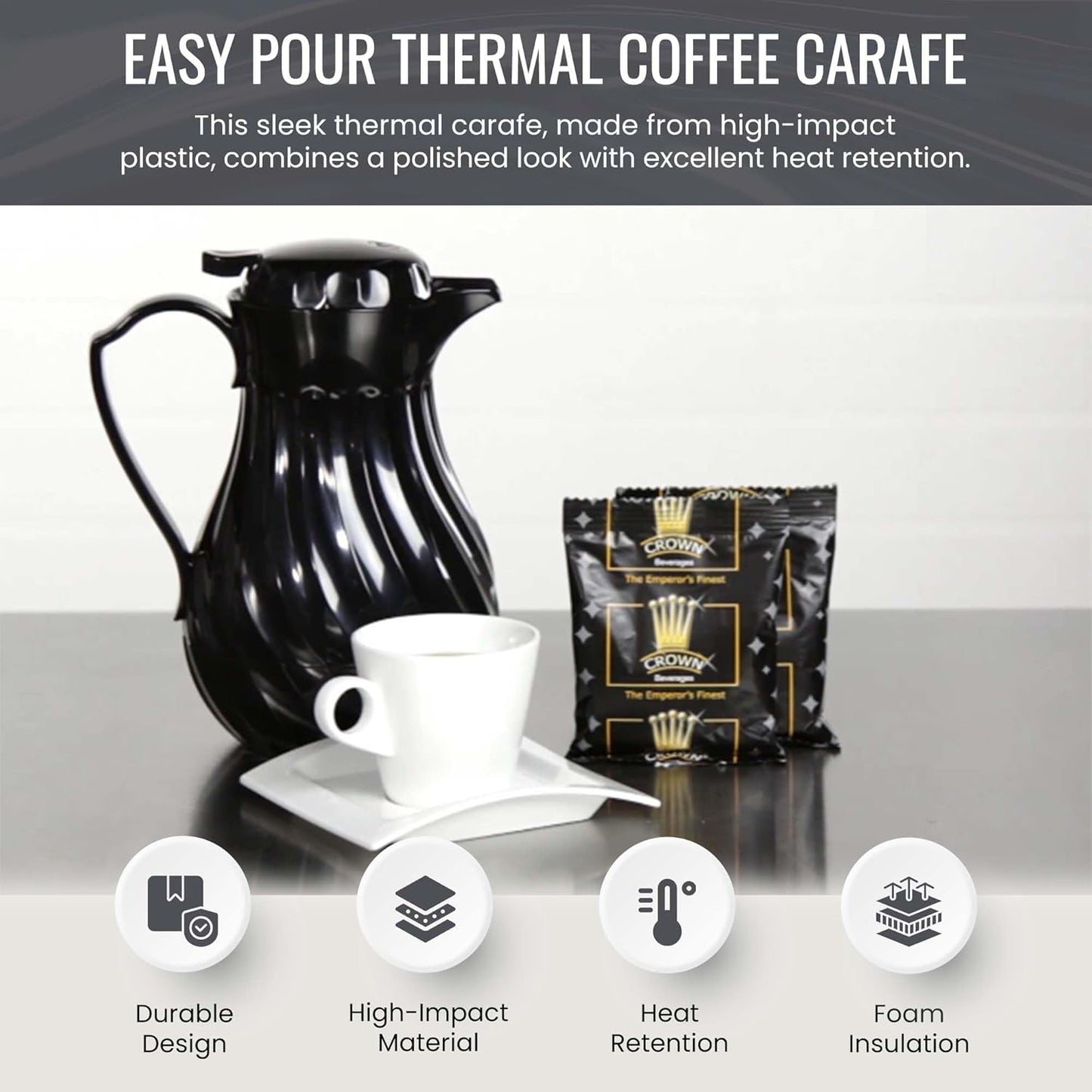 OCS Parts Easy Pour Thermal Coffee Carafe | 8-Inch Insulated Hot and Cold Beverage Pitcher Server for Coffee, Tea, Hot Chocolate and Water with Colored Tags for Easy Idenfication | 20-Ounce | Black