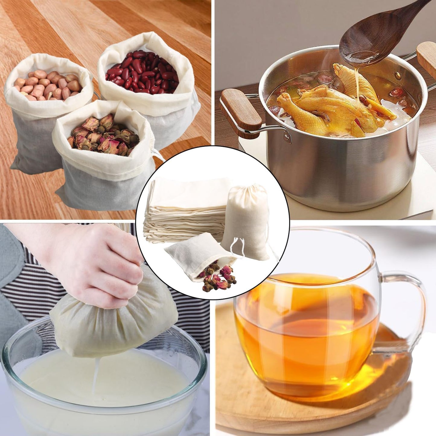 Eketirry Spice Bags, 20pcs Reusable Empty Tea Bags, Muslin Strainer Bags, Soup Bags for Cooking, Natural Cotton Fine Mesh Cheesecloth Bags for Cold Brew Coffee(3 x4" &4 x6")