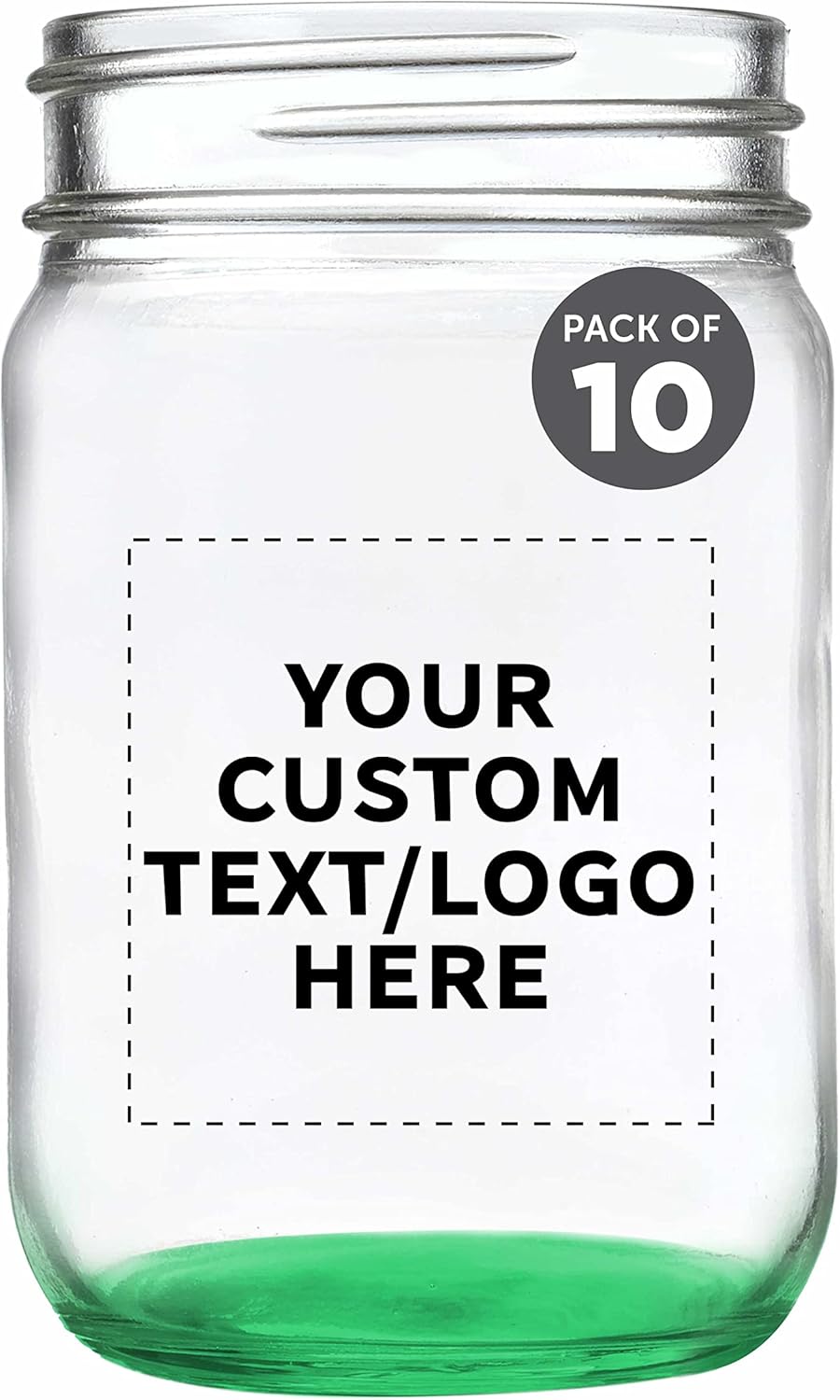 DISCOUNT PROMOS Custom Decorating Mason Jars 12 oz. Set of 10, Personalized Bulk Pack - Glass Jars for Overnight Oats, Candies, Fruits, Pickles, Spices, Beverages - Green