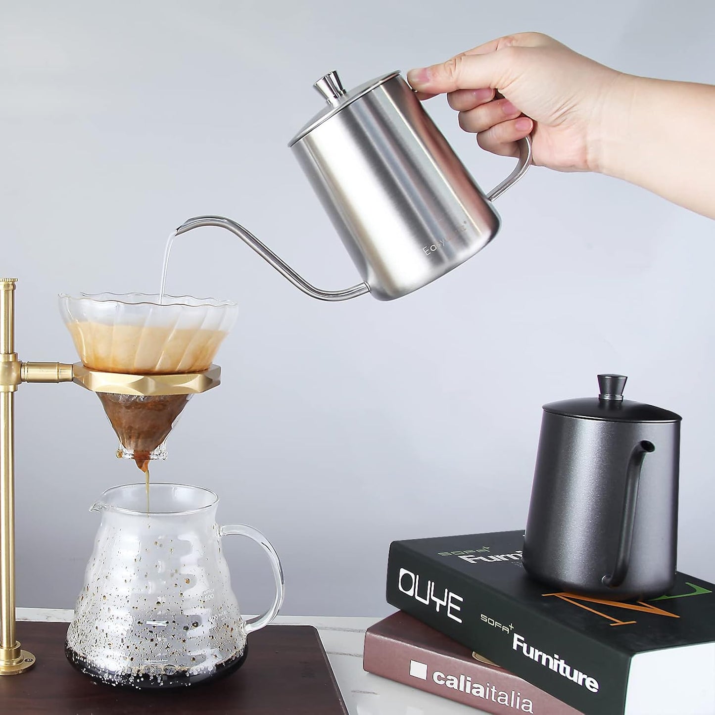 Easyworkz Gage Gooseneck Pour Over Coffee Kettle 12 oz Stainless Steel Hand Drip Long Narrow Spout, Silver