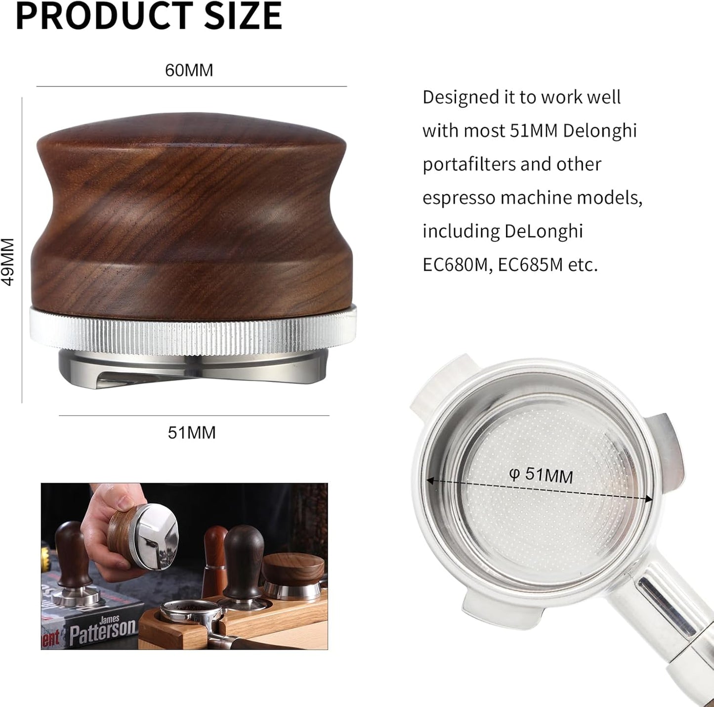51mm Coffee Distributor, Espresso Distribution Tool, Adjustable Depth Espresso Tamper Leveler with Walnut Wood Handle Fits for 51mm Delonghi Barista Portafilter