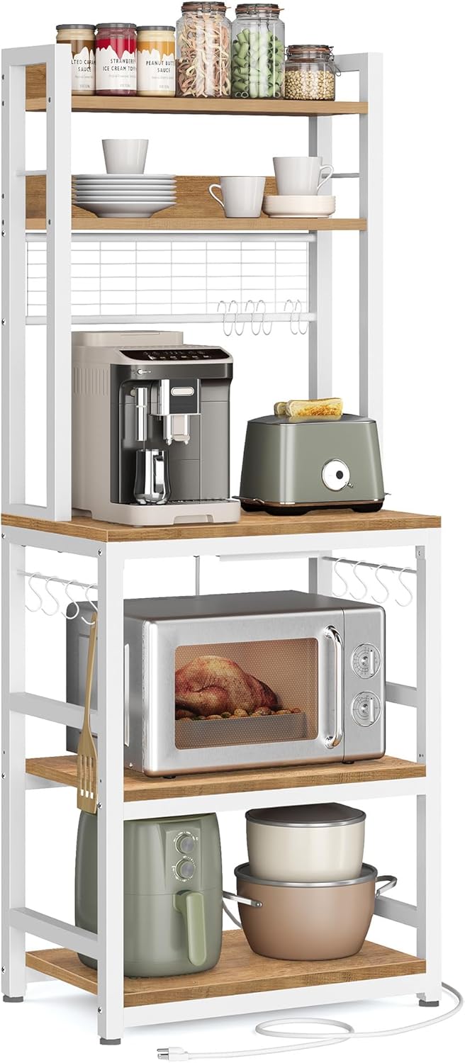 VASAGLE Hutch Bakers Rack with Power Outlet, 14 Hooks Microwave Stand, Adjustable Coffee Bar with Metal Wire Panel, Kitchen Storage Shelf, 15.7 x 23.6 x 66.9 Inches, Rustic Walnut and White UKKS037W41