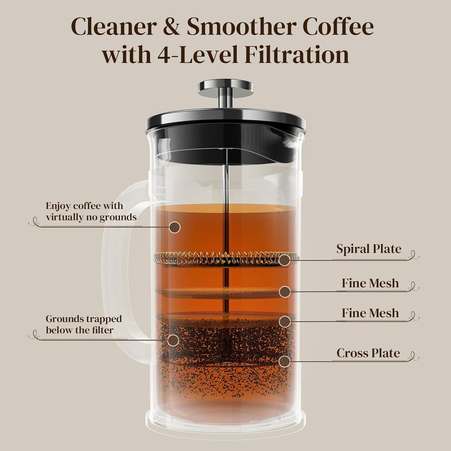 Veken French Press Coffee Maker 21oz 0.6 L, Heat Resistant Thickened Borosilicate Glass,Stainless Steel Brewer,Single Serve Small Pot, Cold Brew Cafetera Teapot for Kitchen Travel Camping, Dark Pewter