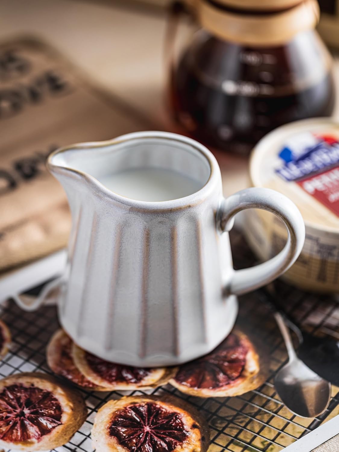 Ceramic Creamer Pitcher,Creamer Container with Handle, Small Milk Pitcher Cup for Coffee, Sauces, Salad, 10 OZ, Cream White