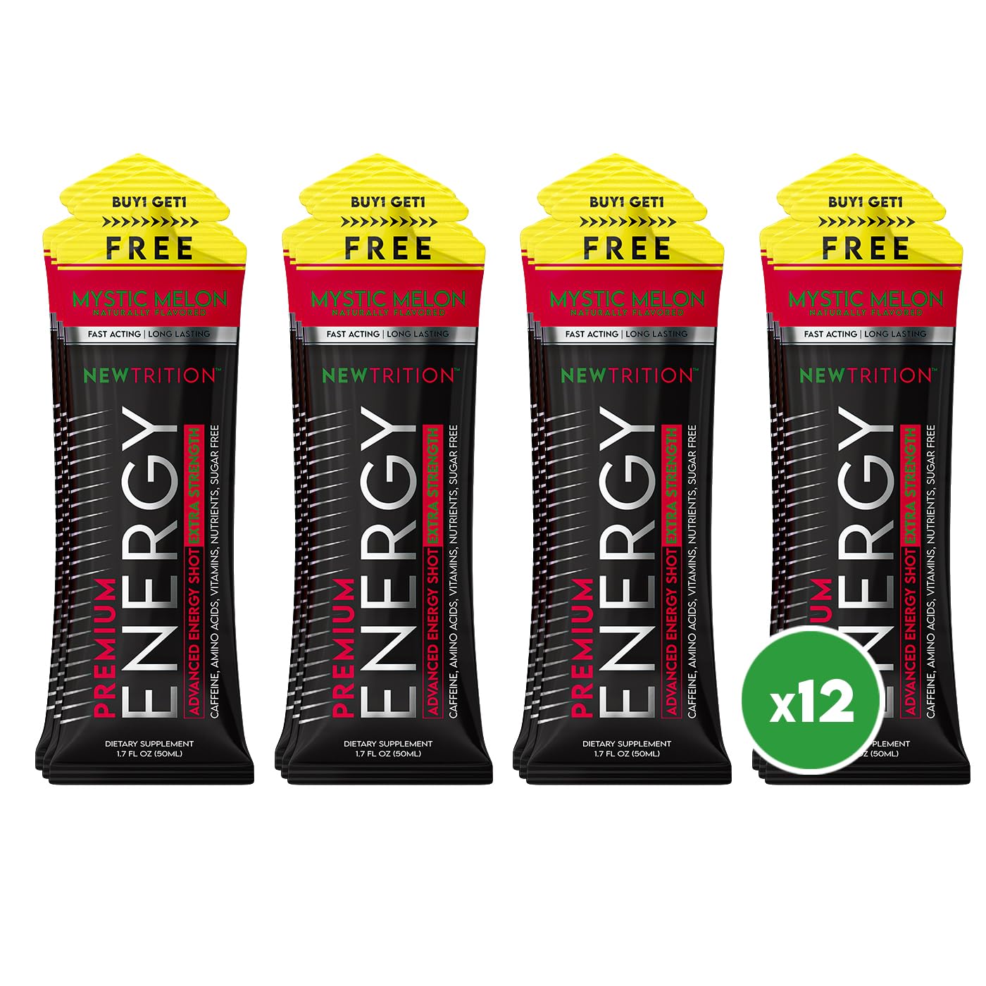 NewTrition® Extra Strength Energy Shots, 250mg Caffeine Energy Shots with Vitamin B & Amino Acids, Sugar-Free Vitamin Energy Shot, 1.7 fl oz (Pack of 12, Mystic Melon)