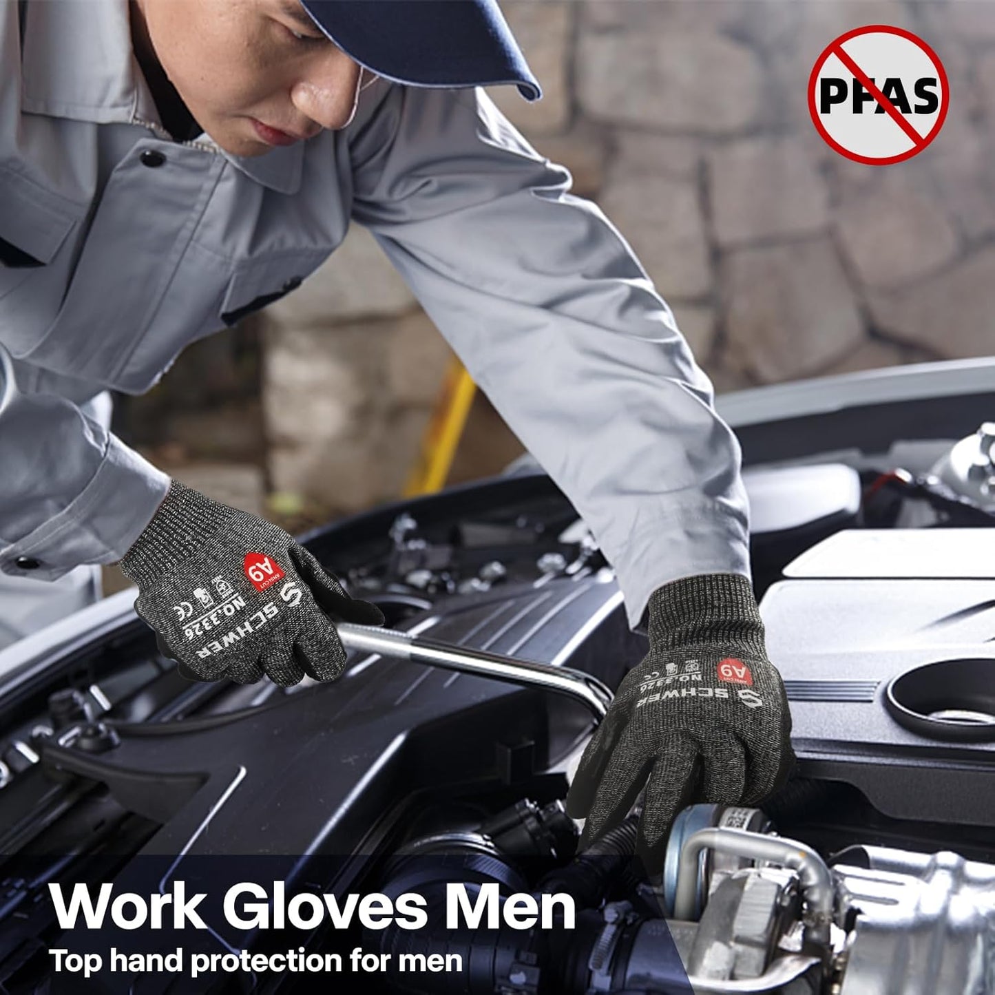 Schwer ProGuard Highest Level Cut Resistant Work Gloves PR3326 for Extreme Protection，ANSI A9 Cut Gloves with Reinforced Thumb, Non Slip, Non PFAS, Durable, Touch-screen, Black 1 Pair（XXL）