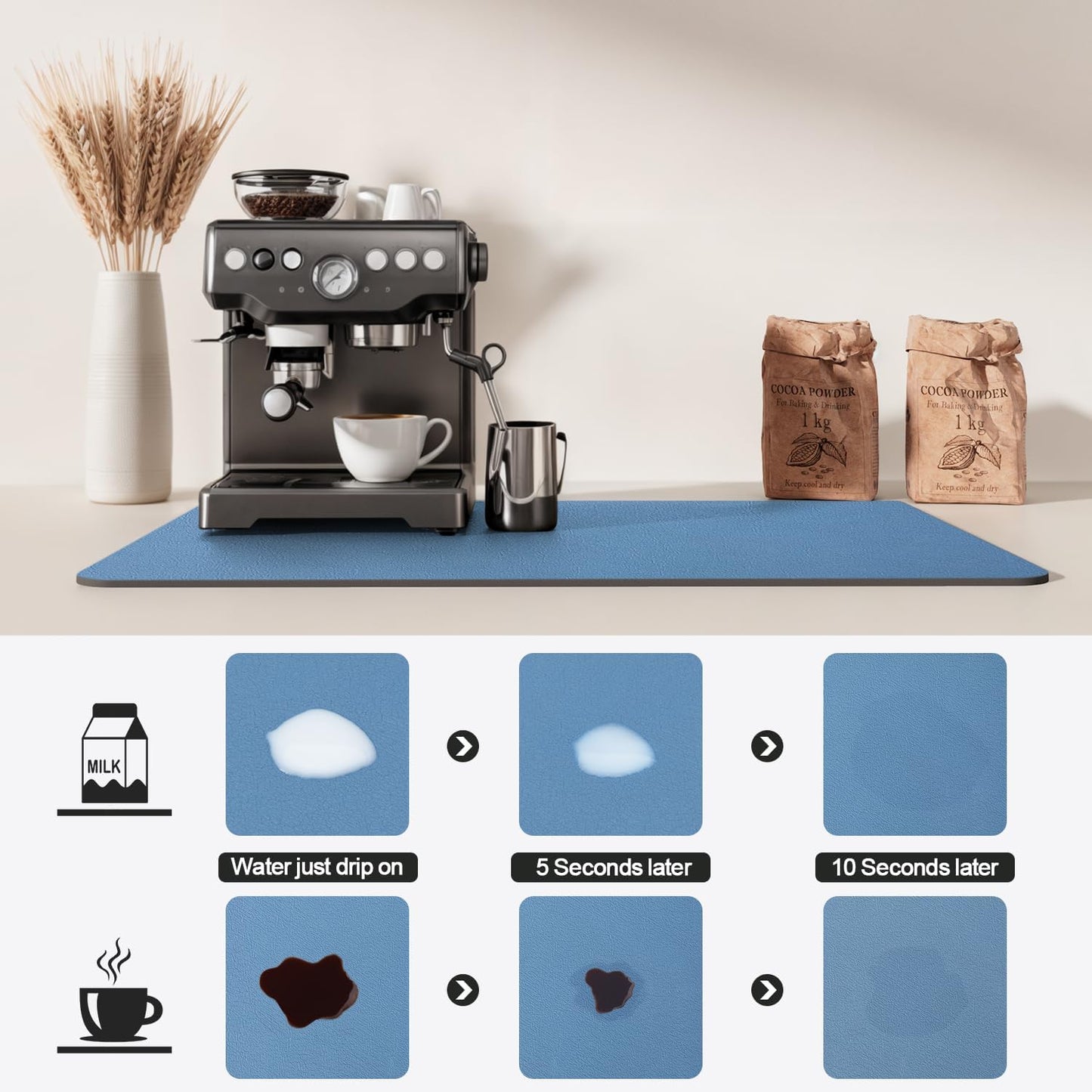 Dish Drying Mat for Kitchen Counter | Coffee Bar Mat for Countertops | Heat Resistant Drainer Mat with Non-slip Rubber Backed | Hide Stain Kitchen Absorbent Draining Mat | Blue 16"x24"