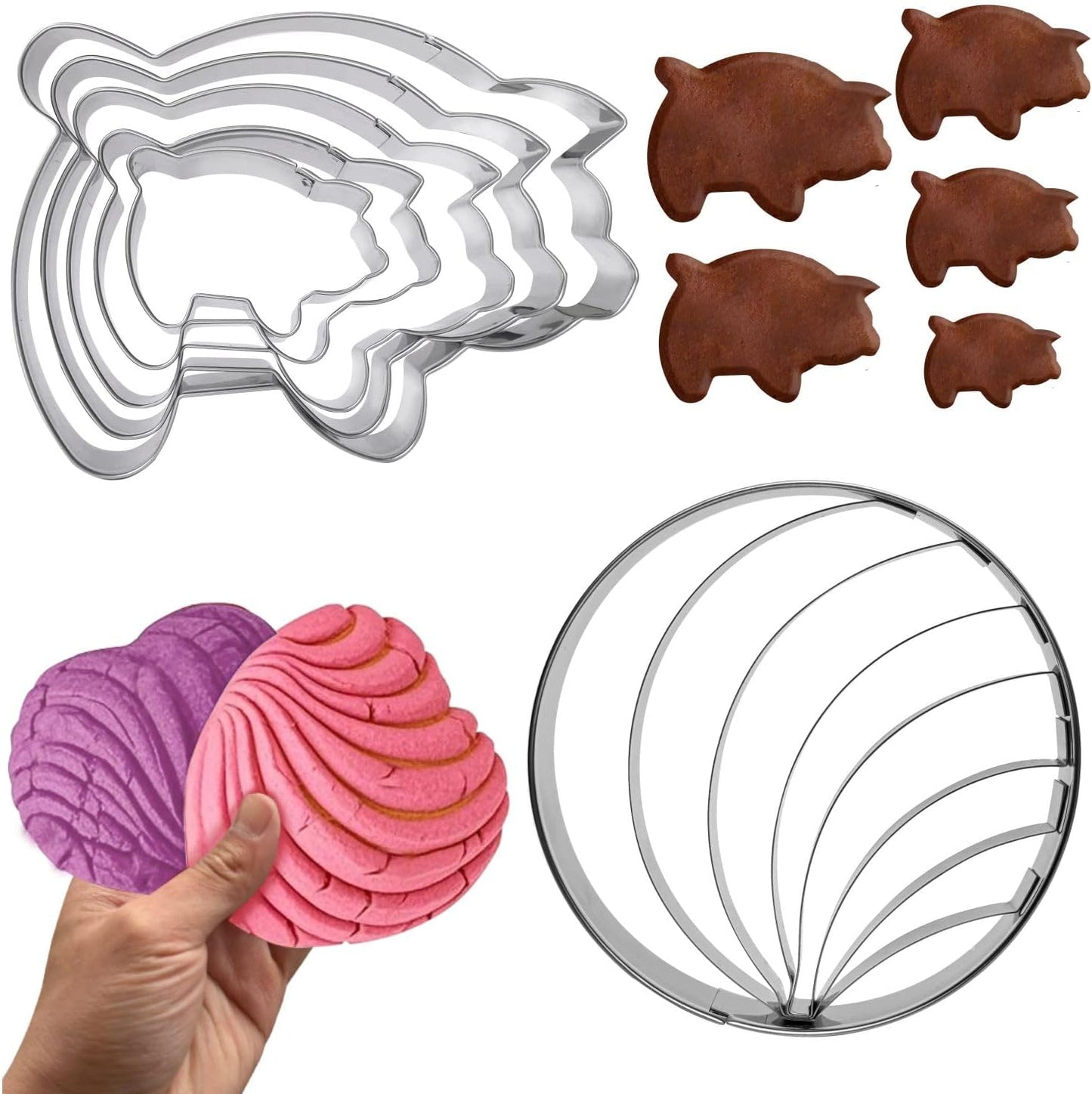 Concha Cutter Mexican bread mold with 5 sizes of pig biscuit cutting machine set, Concha Stamp double-sided mold for baking biscuits (Single sided mold+5 pigs)
