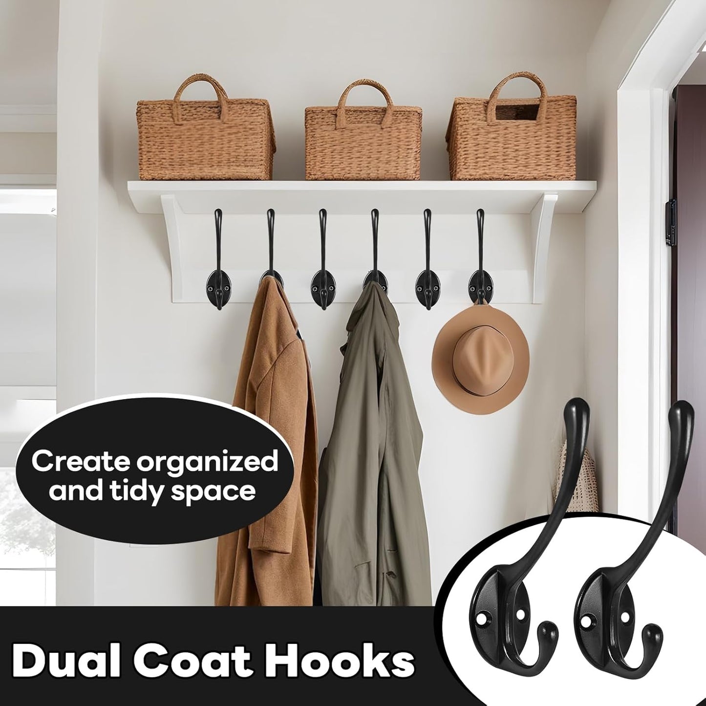 Wall Hooks for Hanging, 25-Pack Heavy Duty Metal Coat Hooks, for Living Room, Bathroom, Kitchen, Bedroom for Coats, Towel, Hat, Key, Closet, Bag (Black)