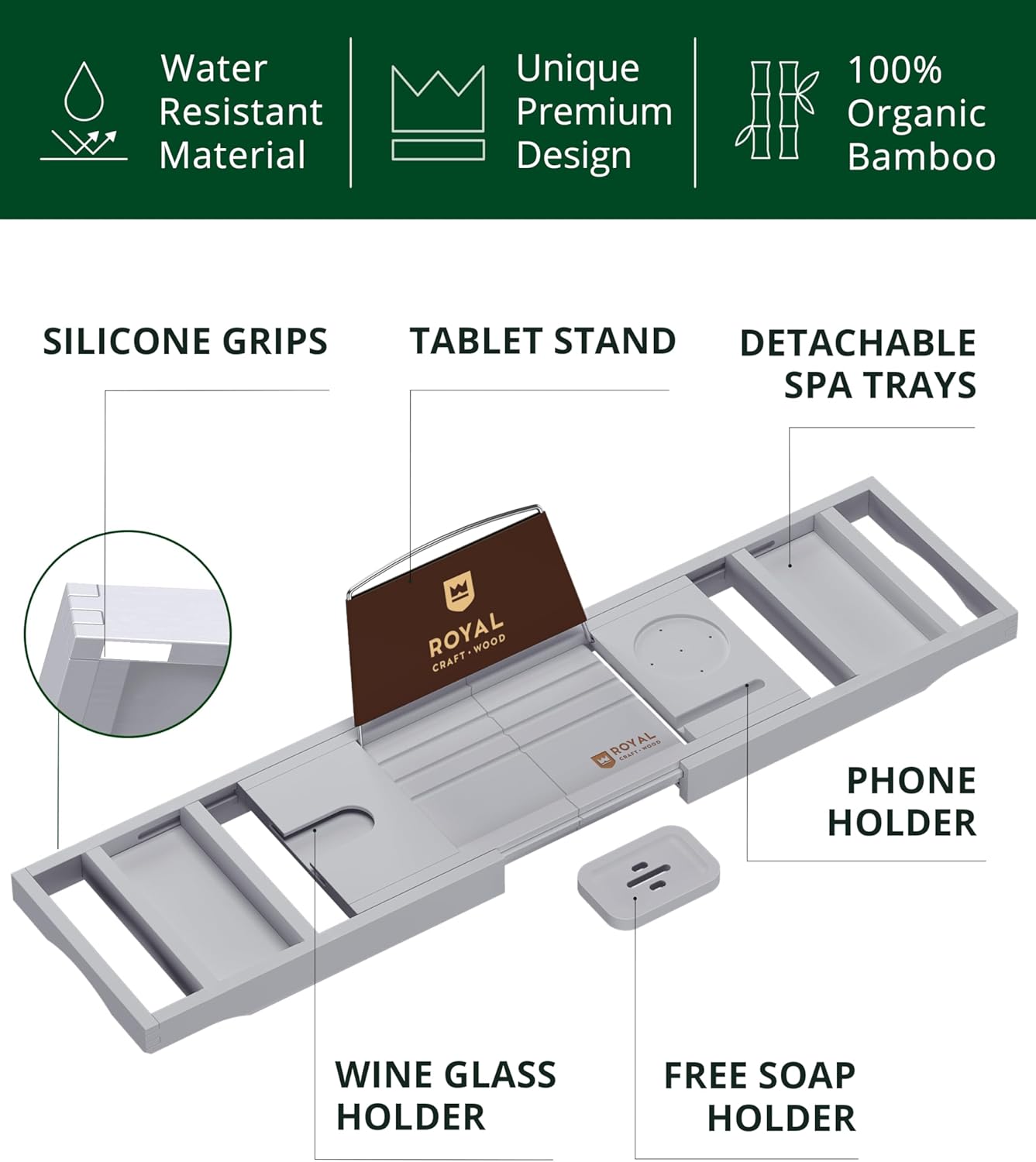 ROYAL CRAFT WOOD Premium Foldable Bathtub Tray - Expandable Bath Tray for Tub - Luxury Bathtub & Bathroom Accessories