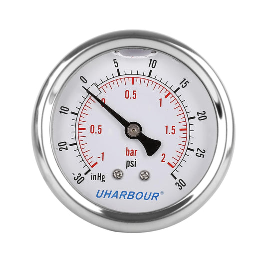 Glycerin Filled Vacuum Pressure Gauge -30HG/30PSI, 2-1/2" Clear dial Vacuum Gauge,1/4" NPT Back Connection, Stainless Steel Case, Brass Movement, Dual Scales