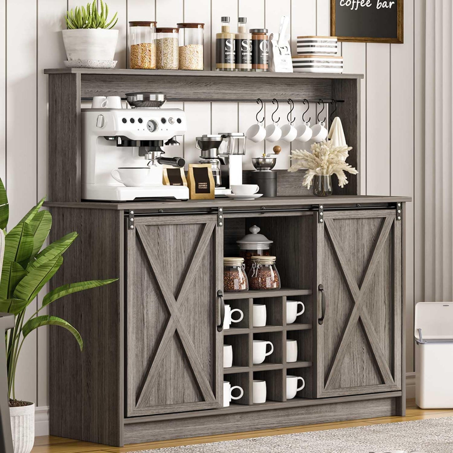 4ever2buy Farmhouse Coffee Bar Cabinet with Sliding Barn Doors, 50 Inch Coffee Bar Hutch with 6 Hooks and 9 Mug Rack, Hutch Cabinet with Storage for Living Room, Wash Grey