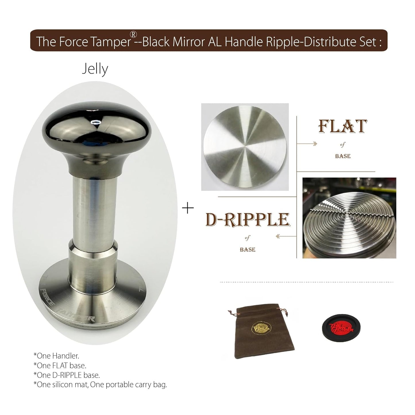 The Force Tamper Automatic Impact Adjustable Constant Pressure and Autoleveling Coffee Tamper Black Mirror Jellyfish AL Handle Set Pro (Ripple-Distribute, 58.50mm)