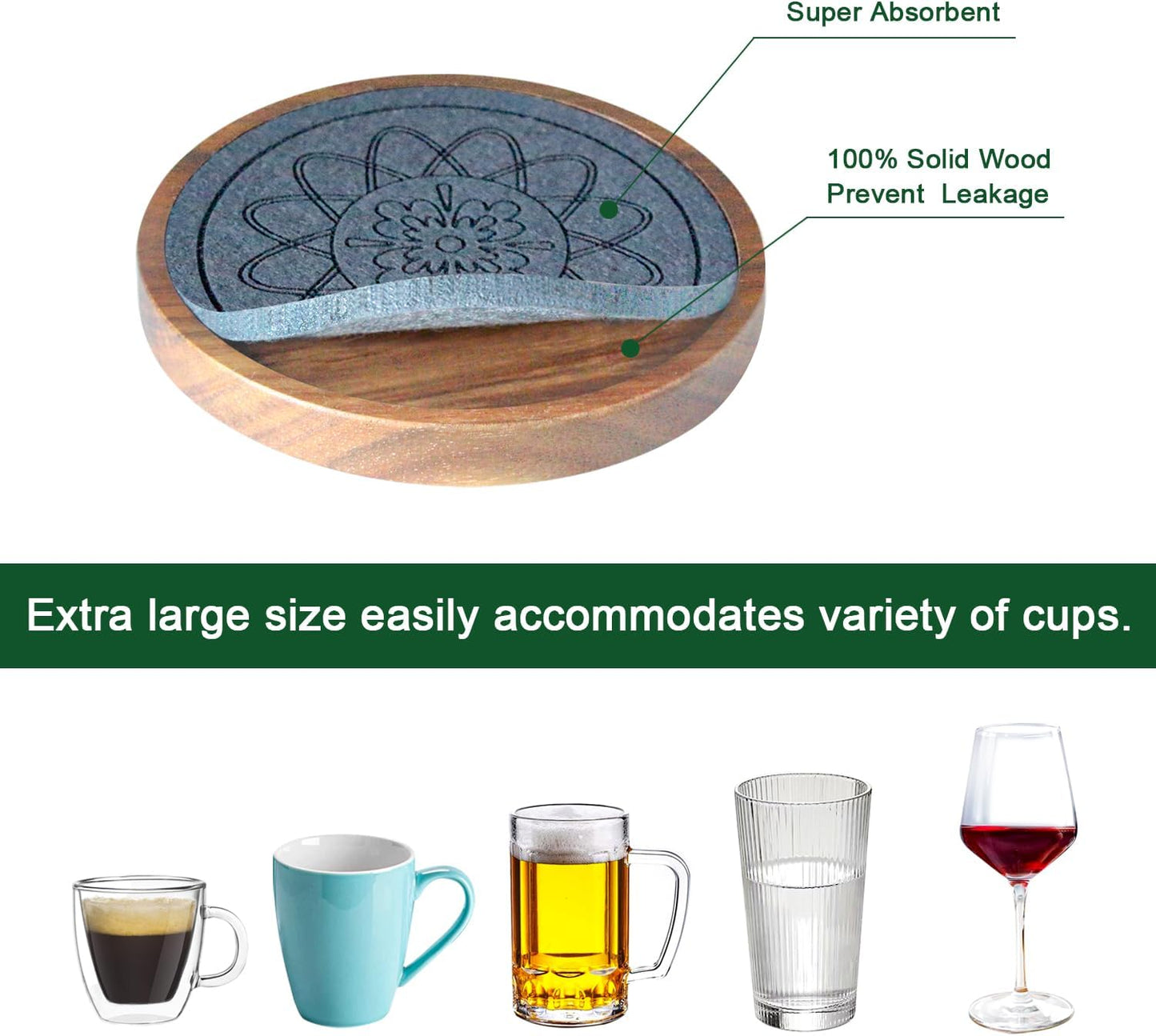 5 Pack Absorbent Coasters for Coffee Table with Holder, Wood Coasters with Felt Pads, Non-Slip, Non-Stick, Suit for Kinds of Cups 4.3 inch (Gray)
