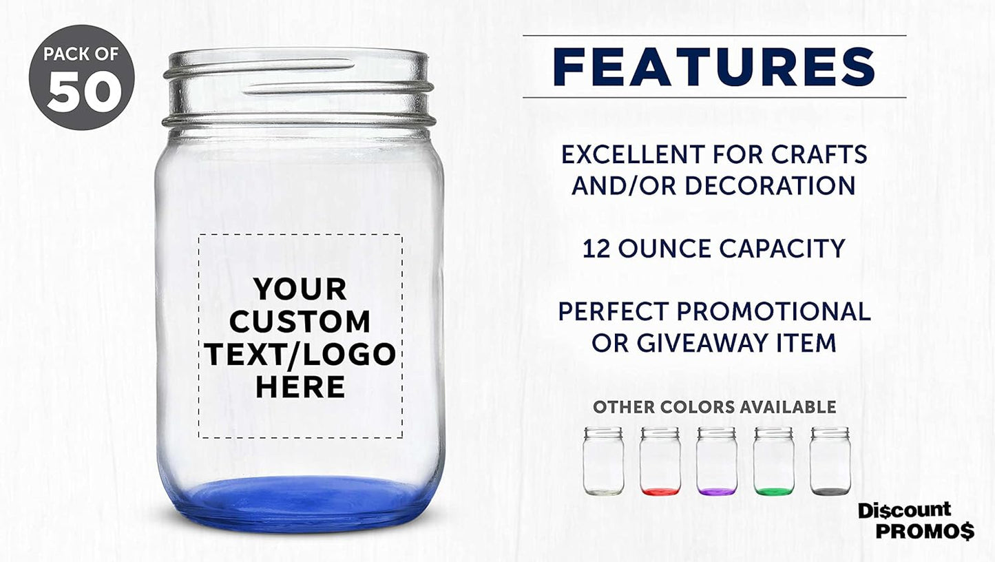 DISCOUNT PROMOS Custom Decorating Mason Jars 12 oz. Set of 50, Personalized Bulk Pack - Glass Jars for Overnight Oats, Candies, Fruits, Pickles, Spices, Beverages - Blue