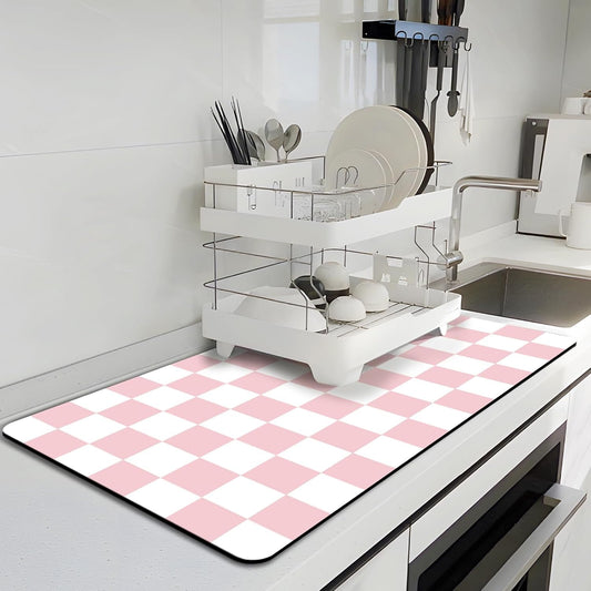 Dish Drying Mat for Kitchen Counter, 16.5¡¯¡¯ X 27.6¡¯¡¯ Checkered Large Coffee Station Mat, Super Absorbent Fit Under Coffee Maker Pad, Espresso Machine Mats, Drainer Mat Easy Clean, Pink & White