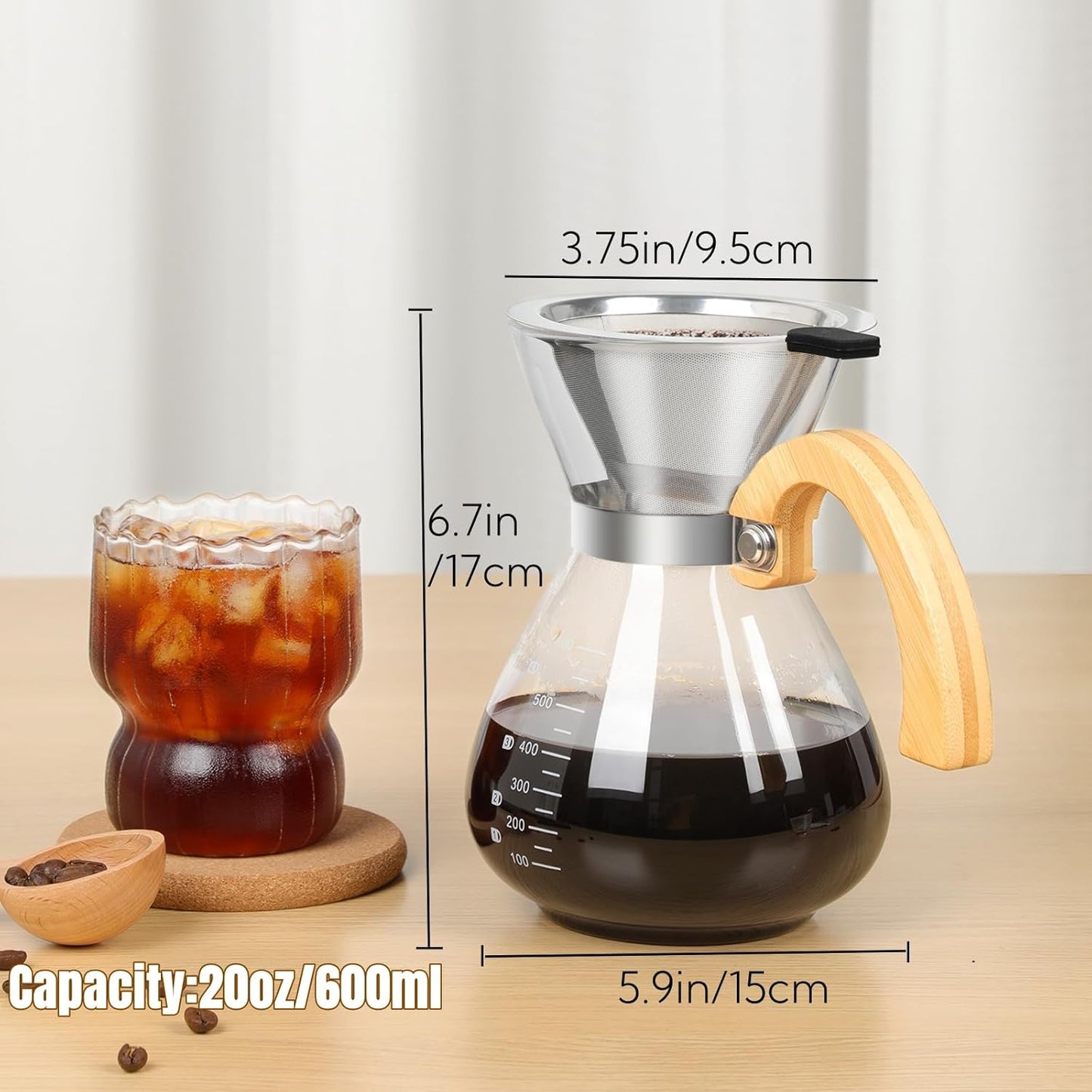 Pour Over Coffee Maker Set, with Double-Layer Stainless Filter and Wooden Handle, 20 oz 600ml Thickened Borosilicate Glass Pour Over Coffee Dripper for Home Café