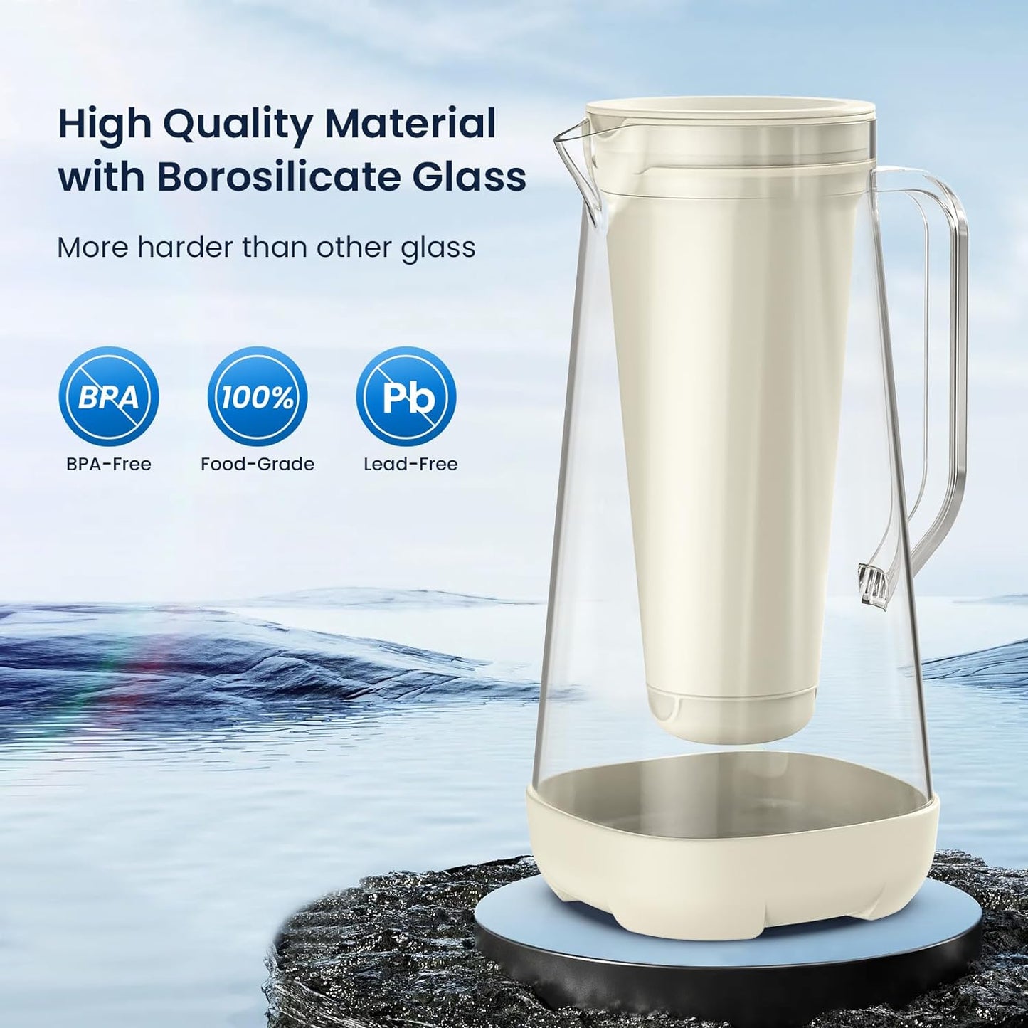 GLACIER FRESH 7 Cup Purela Glass Water Pitcher with 1 Ultrafiltration Membrane and Activated Carbon Filter, Reduces 99% Chlorine, PFOA&PFOS, Coliforms, BPA Free Materials, White