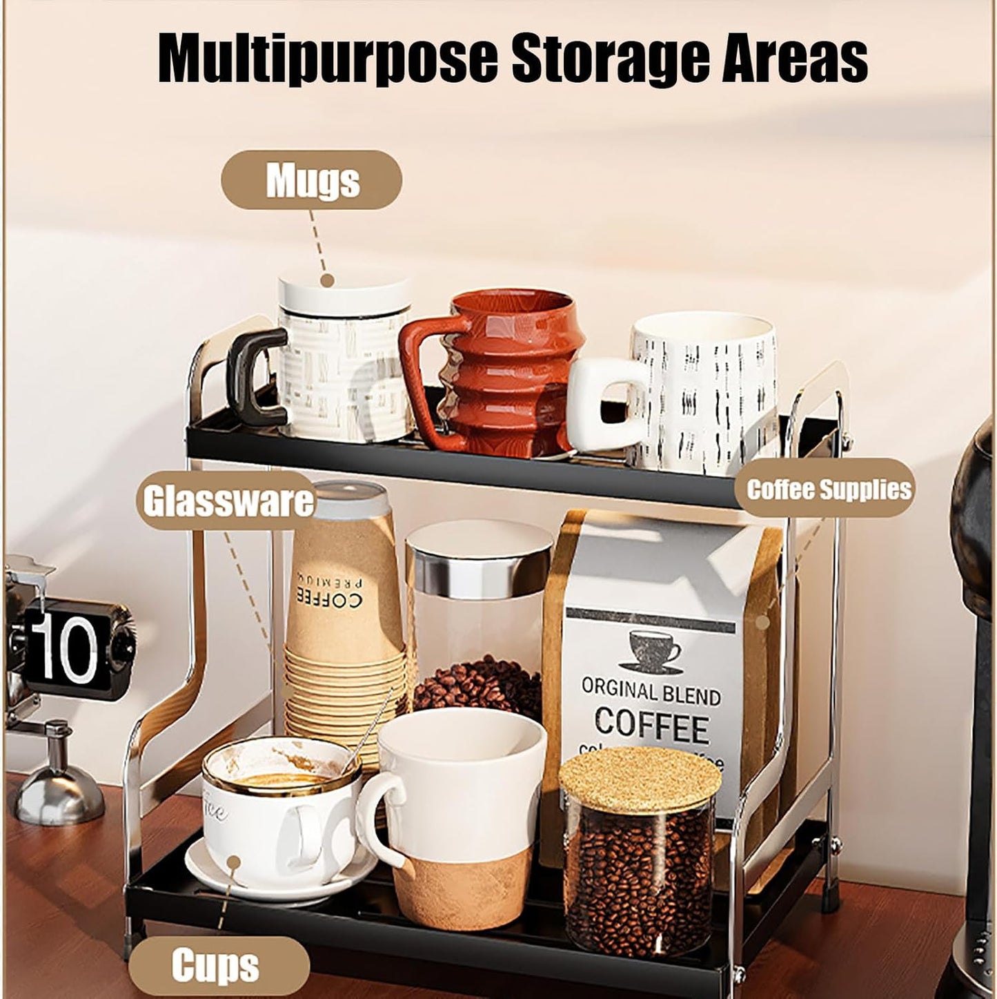 KISKIS Coffee Mug Cup Holder Space Saving 2-Tier Sturdy Stable Metal Storage Shelf, Prevent Falling Scratch Resistant Kitchen Rack Office Bathroom Desktop Organizer,White