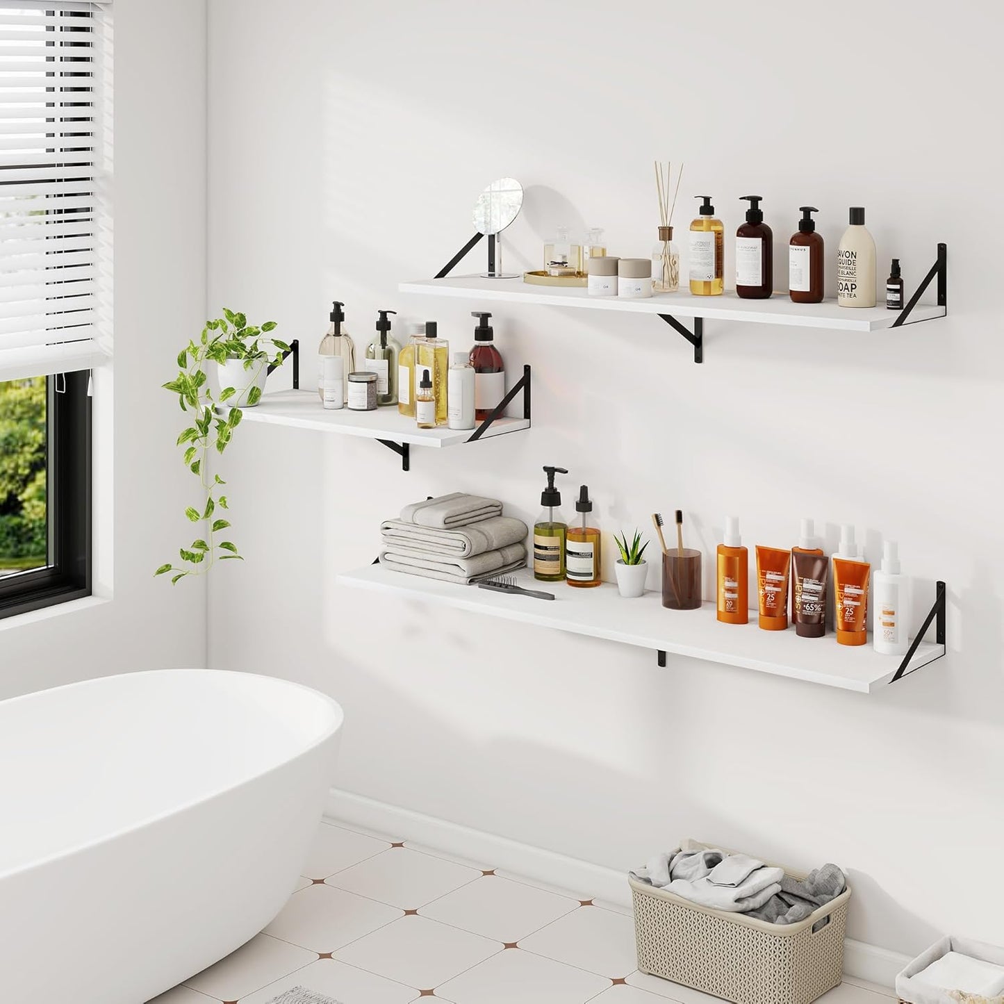 Dreamland Floating Shelves for Wall, 12 Inch Deep Floating Shelves Set of 2, 48W x 12D Large Wall Shelf with Sturdy Metal Brackets for Living Room, Bathroom, Bedroom and Kitchen, White