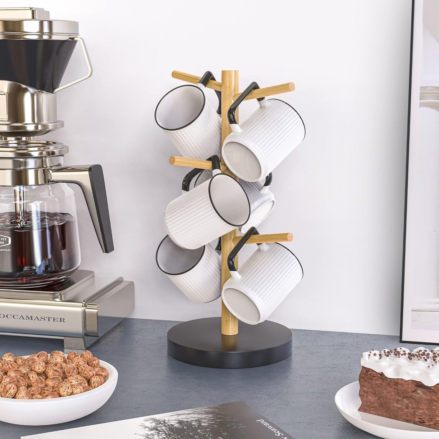 Wisuce Bamboo Mug Holder - Black Coffee Mug Tree Stand for Countertop - Organizer
