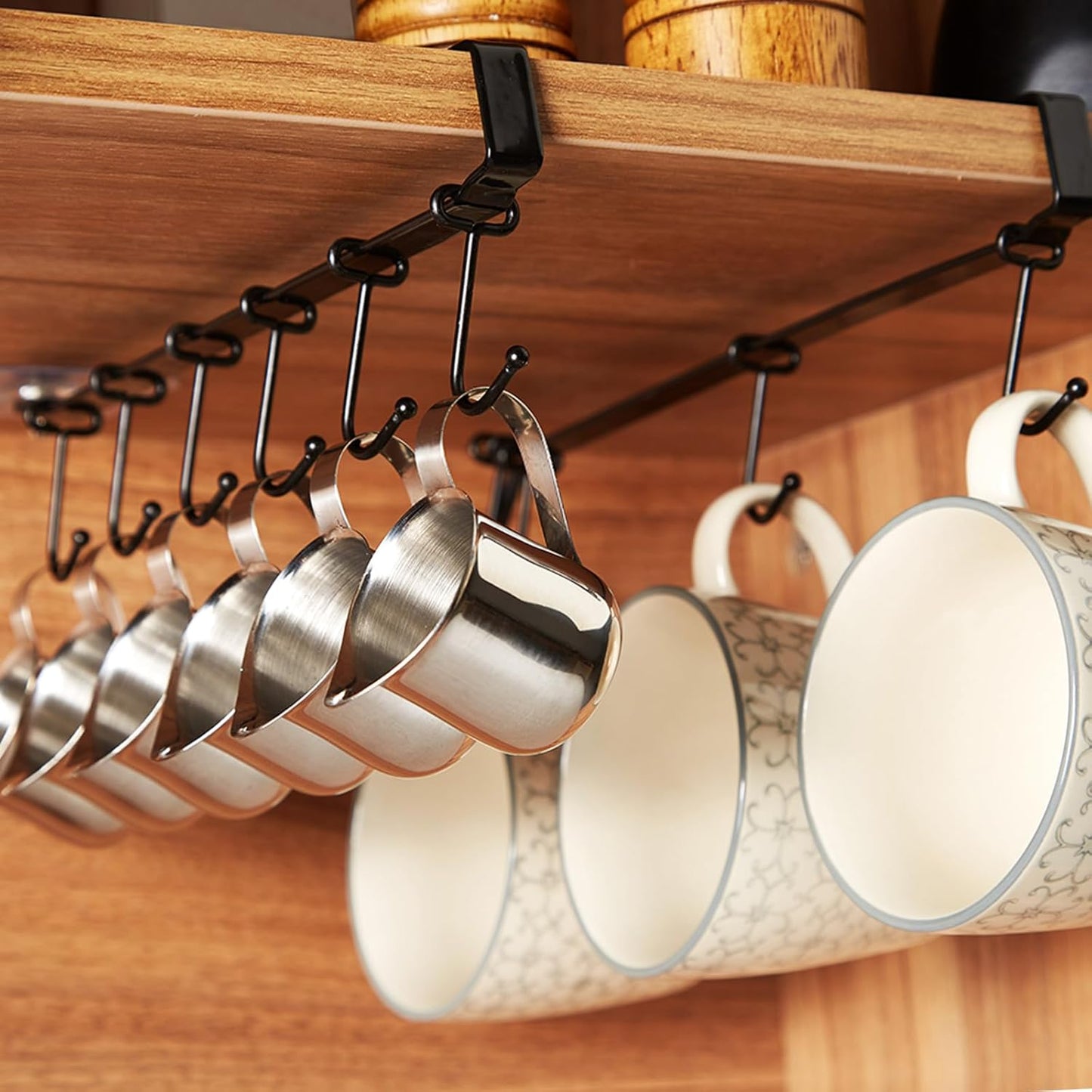 Mug Rack Under Cabinet - Coffee Cup Holder, Each Bracket is Equipped with 6 and Adjustable Position of The Hook, Display Hanging Cups Drying Hook for Bar Kitchen Utensils Black 2 Sets