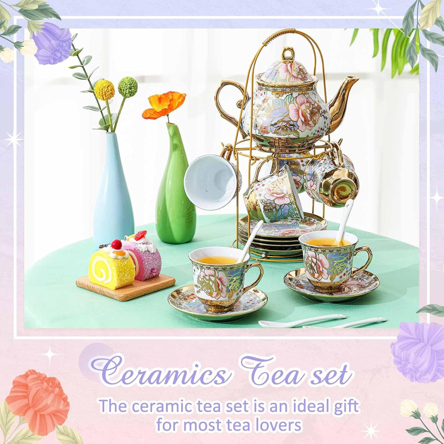 Zhehao 20 Pcs Porcelain Tea Set with Metal Holder and Spoon Adult Ceramic Tea Party Set European Flower Painting Teapot Cup Saucer Spoon Set for Women, Large Version(Rustic Style)