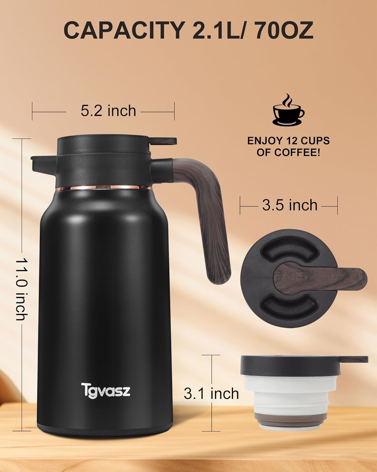 Thermal Coffee Carafe 70 oz - 36 Hour Hot Stainless Steel Carafes for Hot Liquids-Insulated Coffee Carafes For Keeping Hot/Cold Coffee, Tea, Water, Drink Dispenser for Parties(Black)
