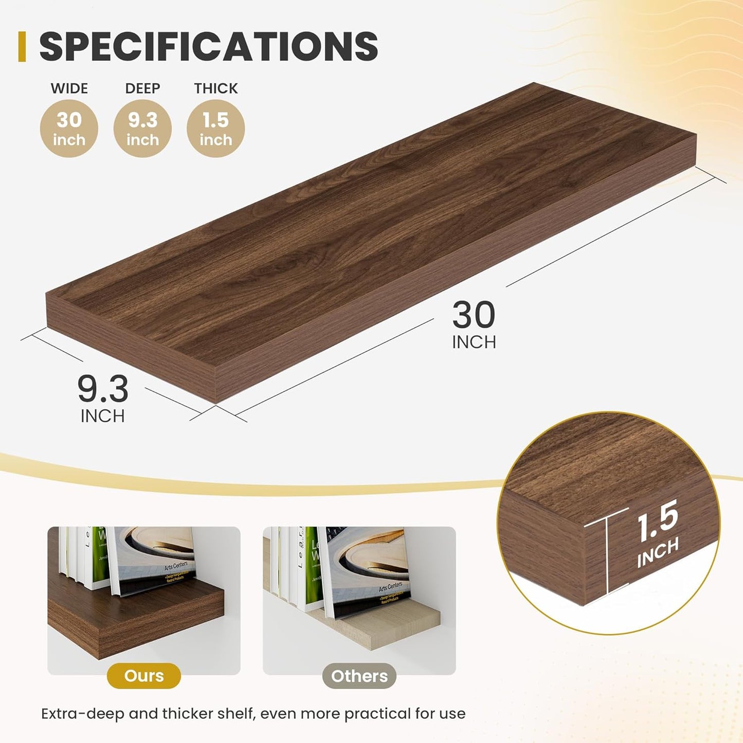 30 Inch Floating Shelves, 9.3" Deep Floating Shelf Wall Mounted, 30" Wall Shelves, Rustic Deep Bookshelf, Large Display Shelves & Storage Shelves for Bedroom, Living Room, Walnut, Set of 2