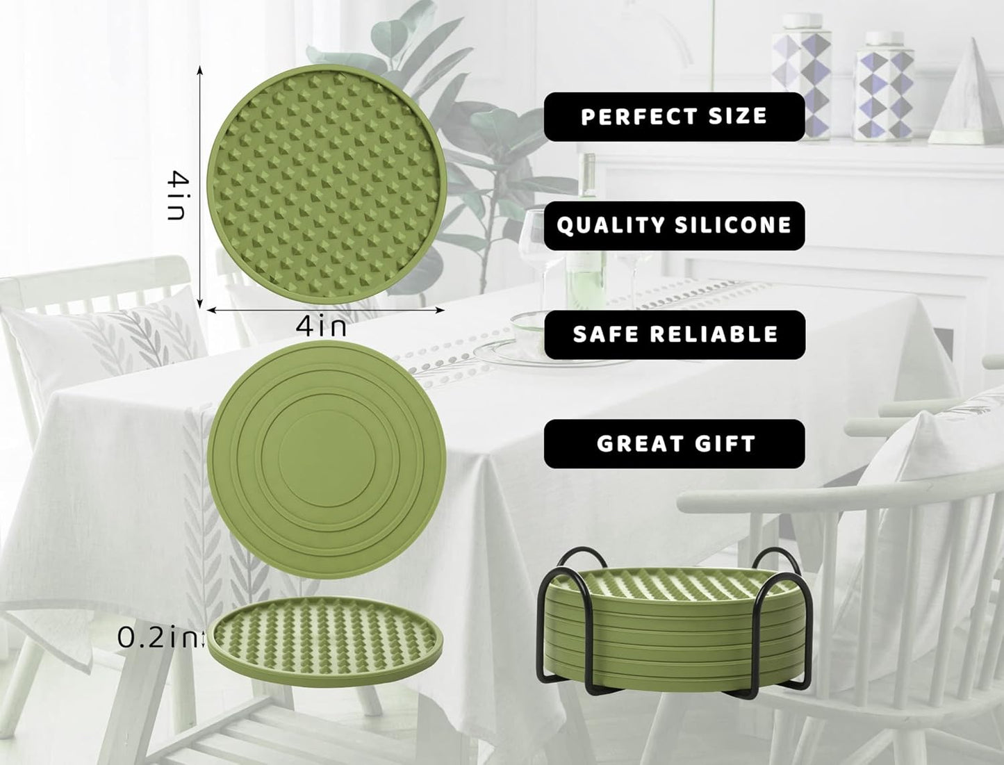 Coasters for Drinks 6 Pack Drink Coaster with Holder,Heat Resistant Silicone Cup Mat Tabletop Protection,Non-Slip Rubber Coasters for Kinds of Cups (Green)