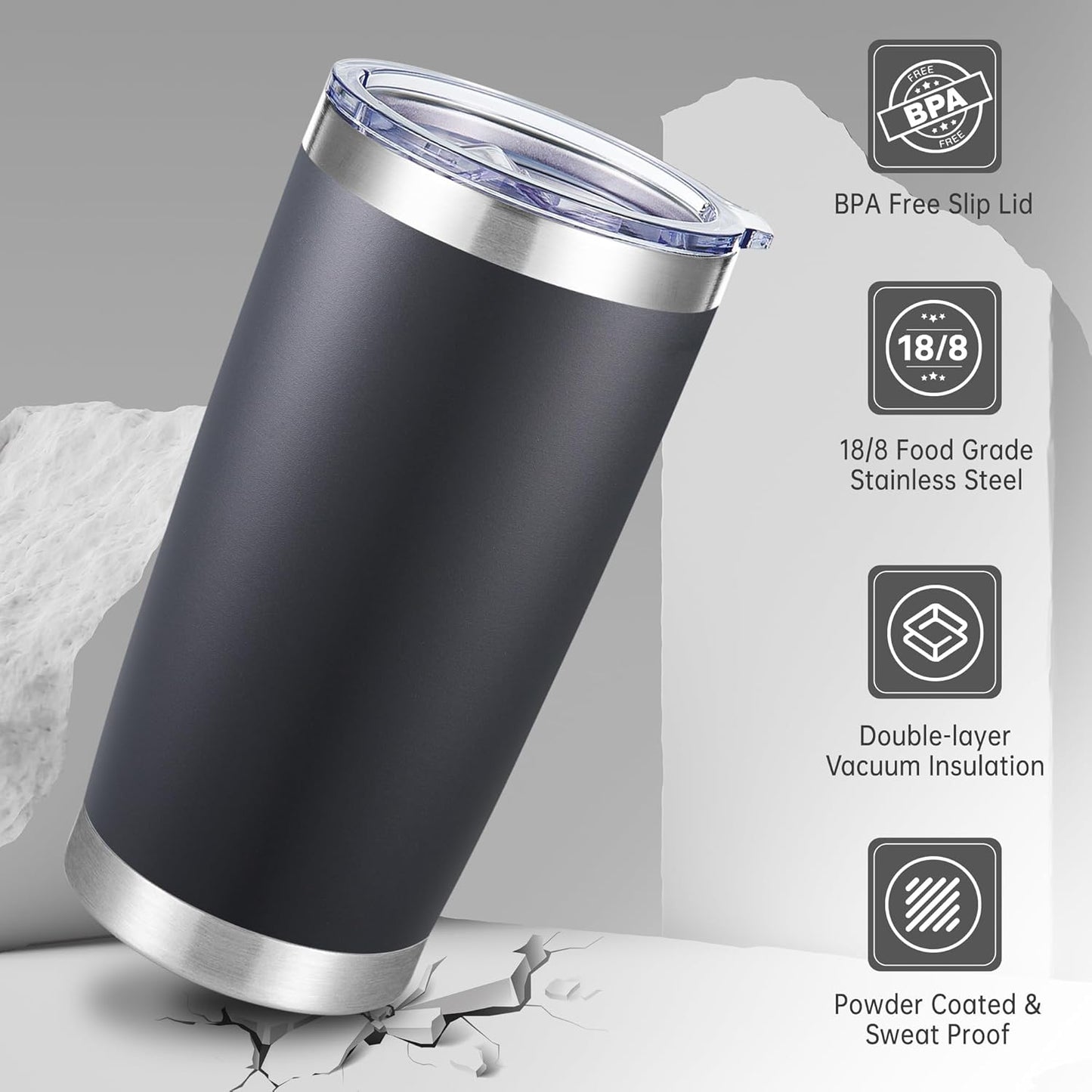 20 oz Tumblers Bulk Stainless Steel Tumbler with Lid Double Wall Vacuum Insulated Coffee Mug 20oz Powder Coated Cup for Hot and Cold Drinks, Black, 12 pack