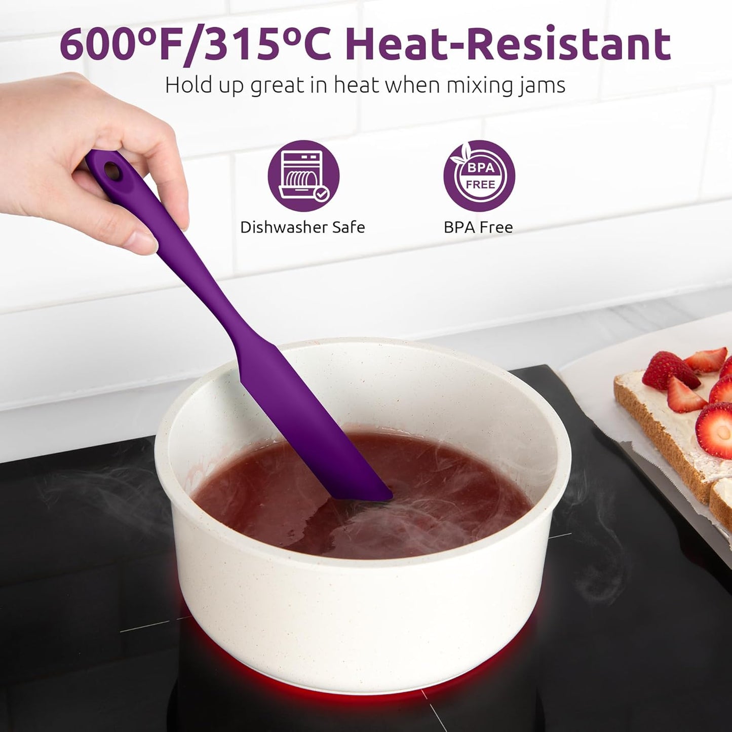 U-Taste Skinny Silicone Jar Spatula: 600ºF Heat-Resistant Food-Grade 10in Long Narrow Sourdough Stirring Stick, Seamless Flexible Peanut Butter Spreader for Scraping Icing Bread Cream, Jam (Purple)