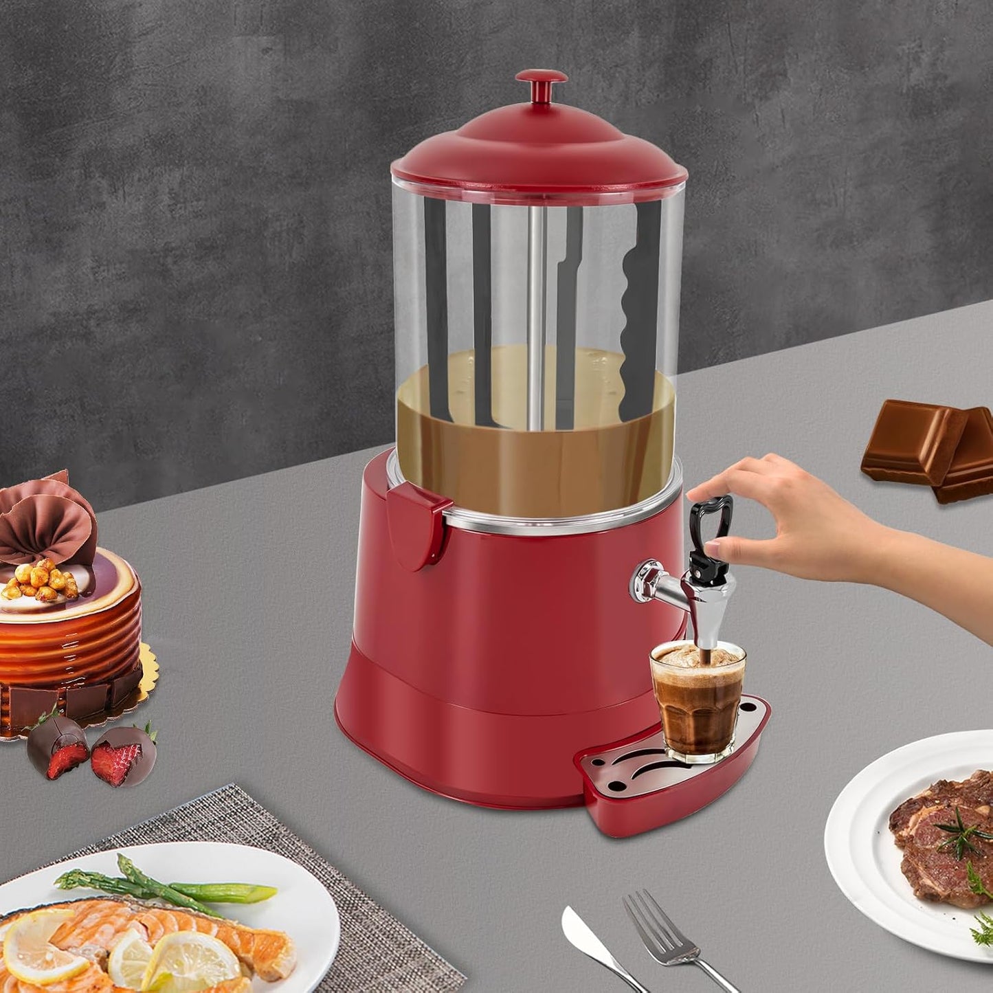Hot Chocolate Maker Machine, 400W 10L/2.7Gal Electric Stainless Steel Hot Chocolate Dispenser Melting Machine, Commercial Beverage Warmer Coffee Maker for Kitchen Party, Red