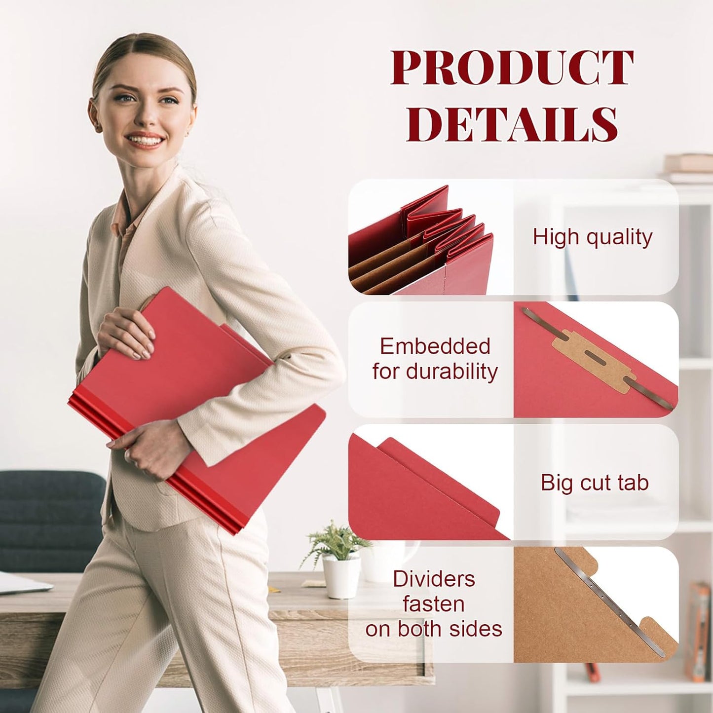 36 Pcs Classification Folders Letter Size, Back to School Supply for Teacher, Student, 3 Dividers Pressboard File Folder Bulk with 2 Fasteners, 3.5 Inch Expanding File Organizer (Red)