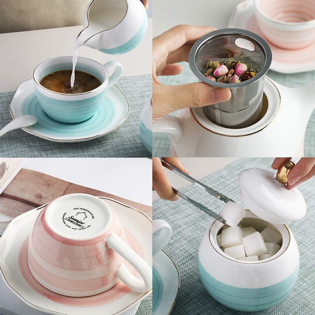 Sweejar Porcelain Tea Sets, 8 OZ Cups & Saucer Service for 4, Teapot Sugar Bowl Cream Pitcher Teaspoons and Tea Strainer for Adult Tea Coffee Afternoon Party (Pink)