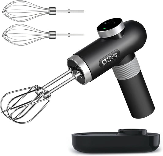 Kitchen in the box Cordless Rechargeable Hand Mixer for Kitchen, Portable Handheld Electric Mixer with Beaters, Whisks, 6-Speed Digital Display, Charging Base and USB-C Charge Cable (Classic Black)