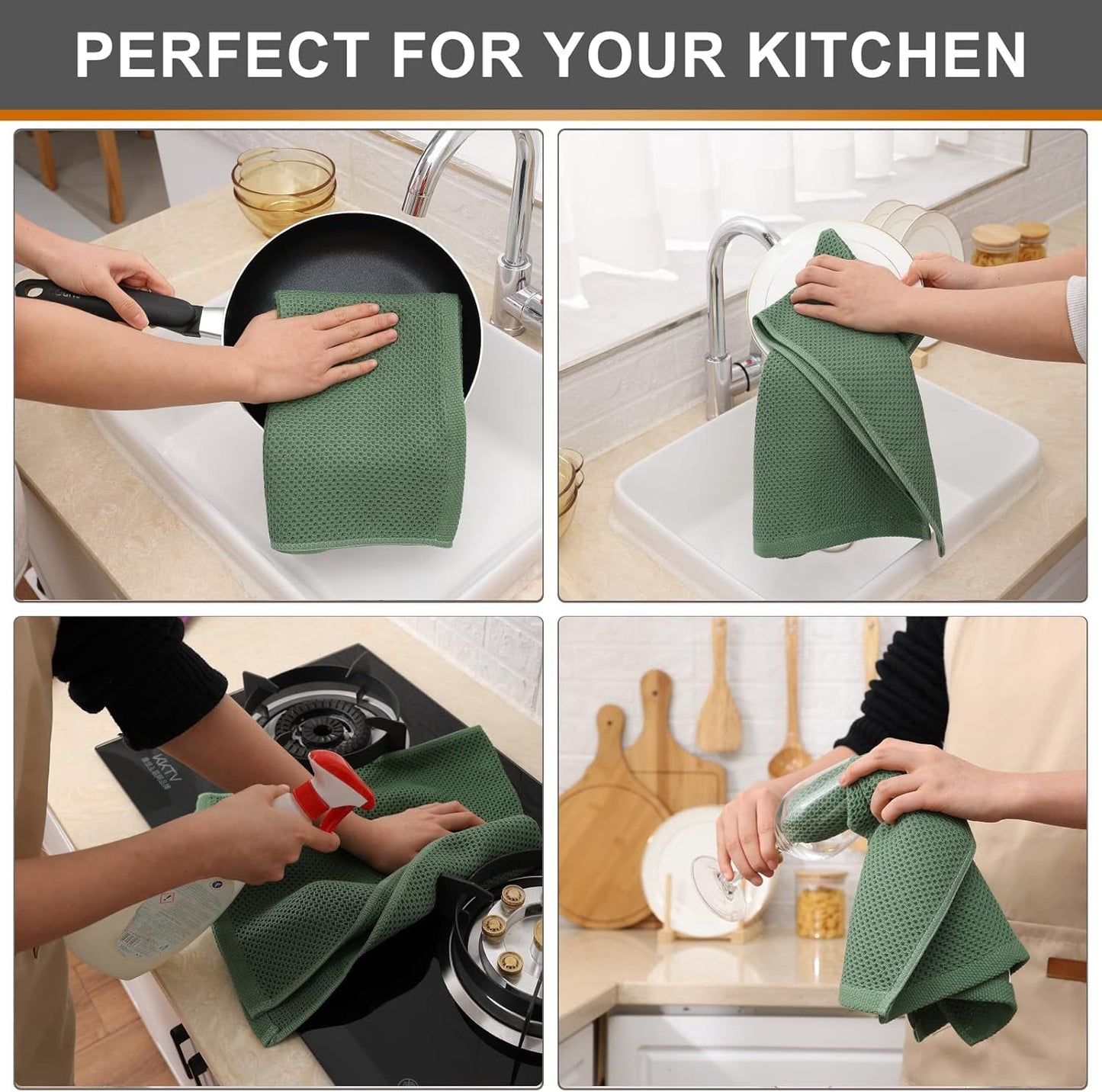 Kitinjoy 100% Cotton Waffle Weave Kitchen Towels, 4-Pack Super Soft and Absorbent Dish Towels for Drying Dishes, Kitchen Hand Towels, 13 in x 28 in, Grass Green