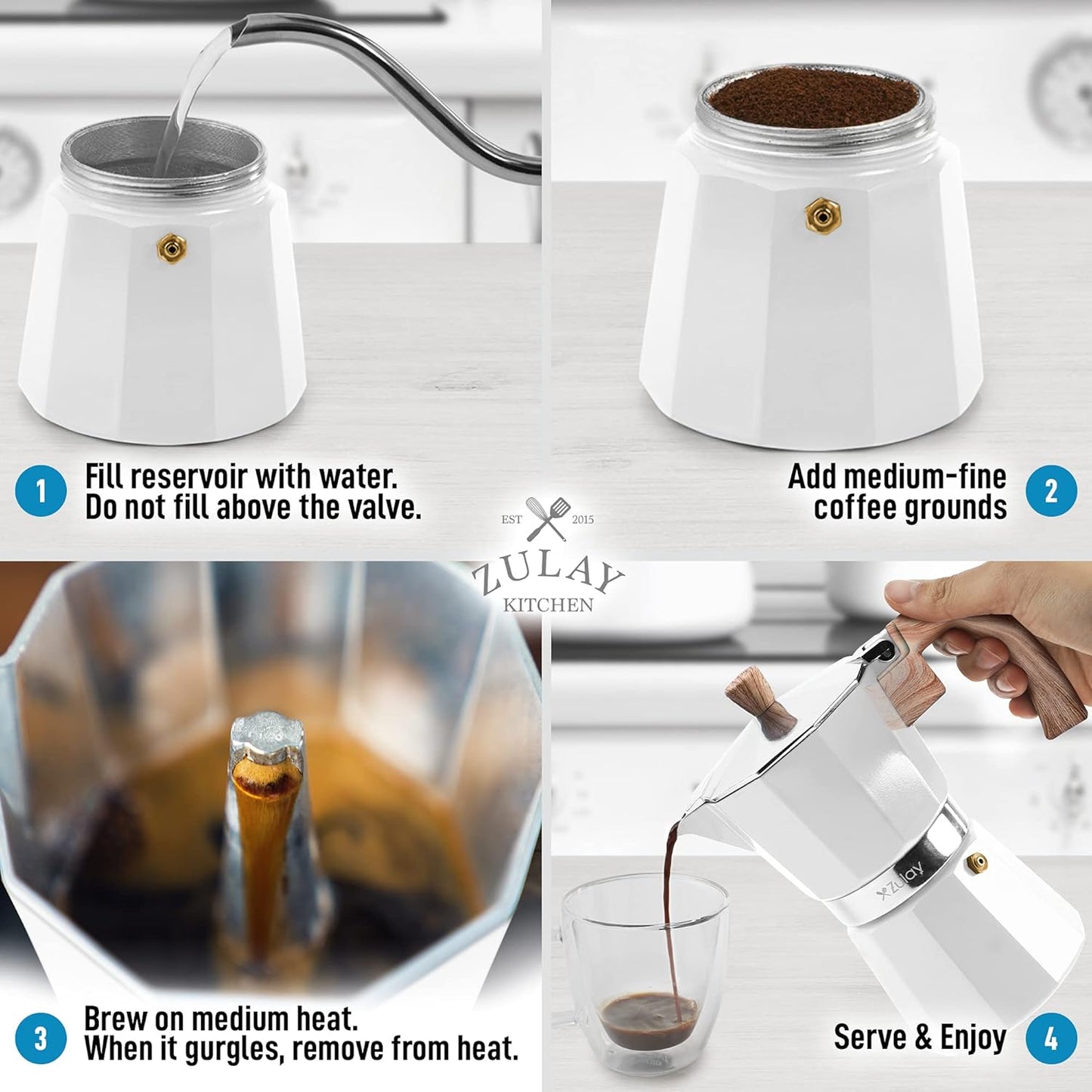 Zulay Kitchen Stovetop Espresso Maker - Moka Pot 6 Espresso Cups - Percolator Coffee Maker for Classic Cuban & Italian Style Espresso - Portable Coffee Maker for Camping & Travel - (White)