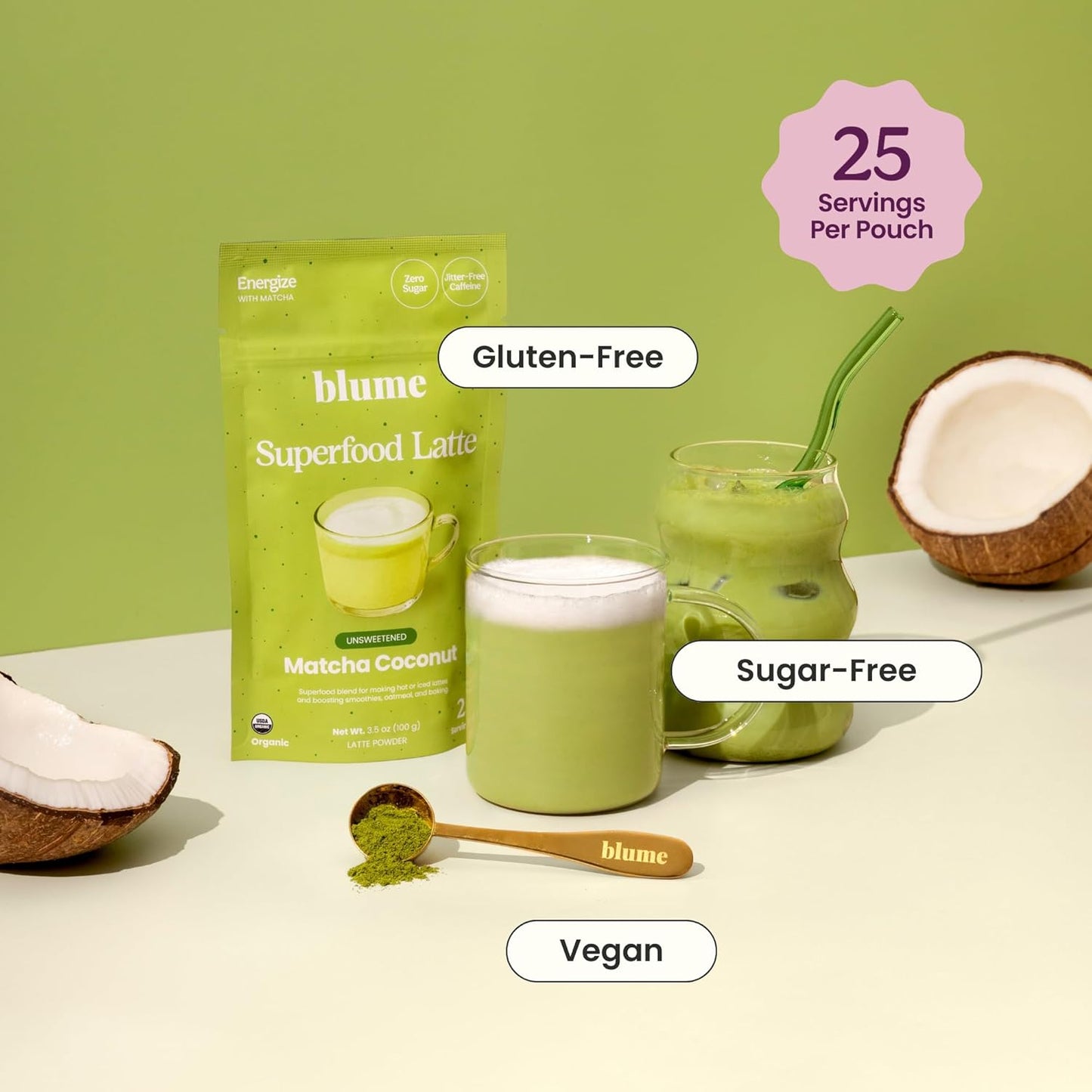 Blume Matcha & Blue Lavender Starter Pack - Organic Superfoods Booster for Lattes, Coffee & Smoothies - Vegan, Sugar and Gluten Free - Includes Frother - 60 Servings