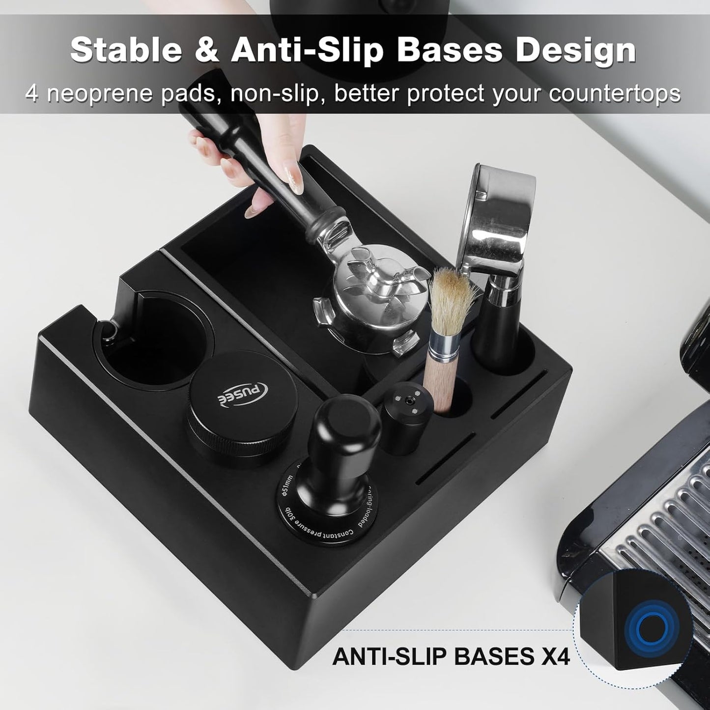 PUSEE Espresso Knock Box & Tamp Station, 9 in 1 Espresso Organizer, Fit 51,54,58MM Tamper, Distributor, Portafilter & Puck Screen Accessories, Detachable Knock Box