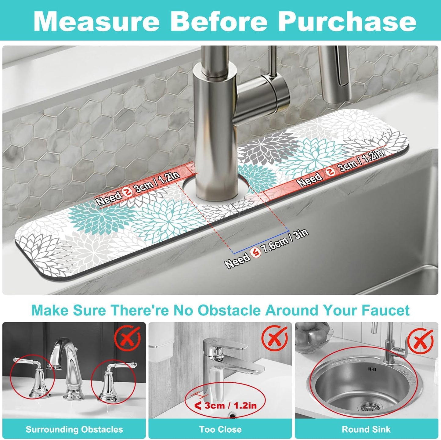Findosom 2PCS 12" x 20" Dish Drying Mat & 24" x 5.5" Sink Splash Guard, Super Absorbent & Cuttable Dish Mat Drying Kitchen Mat with Teal Floral, Hide Stain Drying Mat for Kitchen Counter
