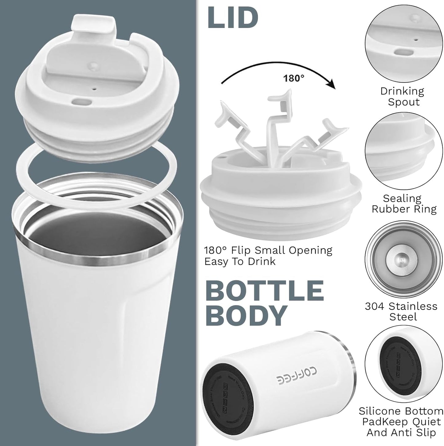 YINBAOGE Insulated Travel Coffee Mug Spill Proof Leak Proof Pobtable To Go Camping Stainless Steel Coffee Tumbler Reusable Coffee Cups with Lids Thermos for Hot and Cold Drink (2nd-White, 12 OZ)
