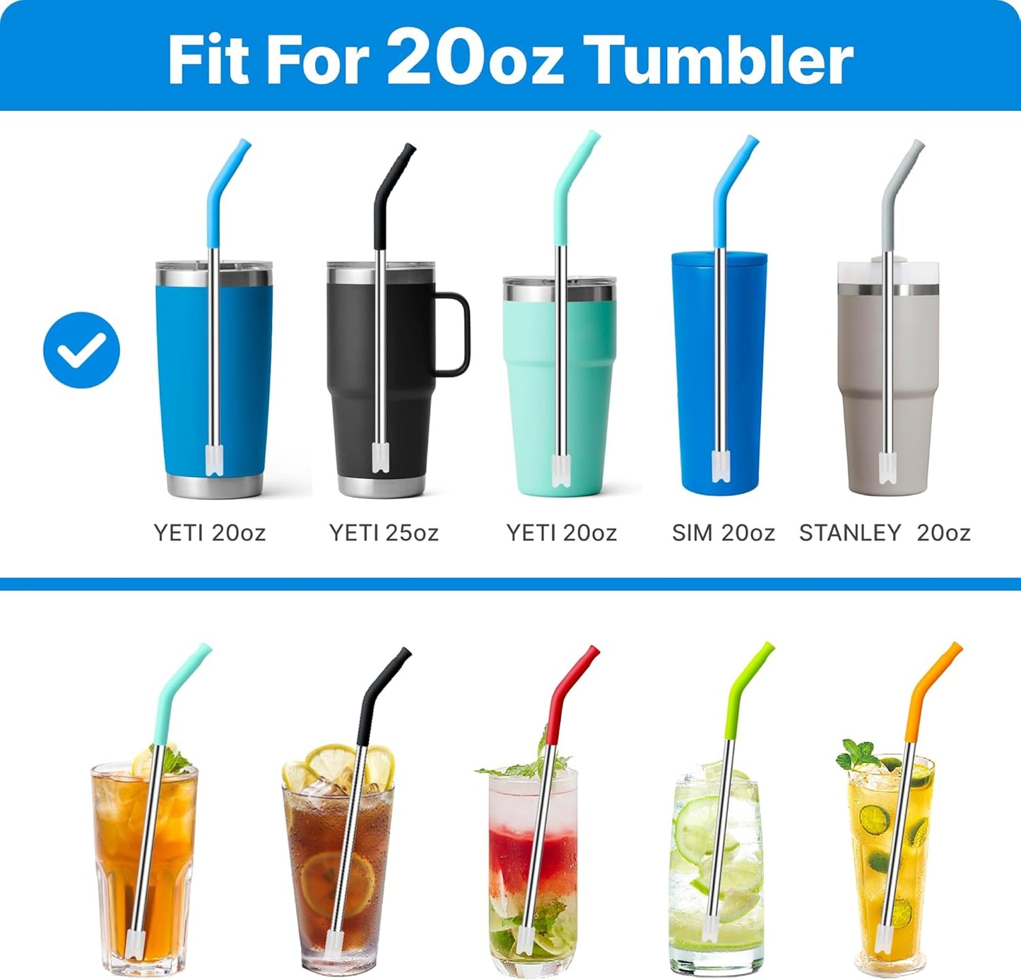 Stainless Steel Straws for 20 oz YETI Tumbler, 4 Pcs Metal Straws Reusable with Silicone Tip for 20 oz Stanley Cup and 16 oz Glass Cups(Color 1)