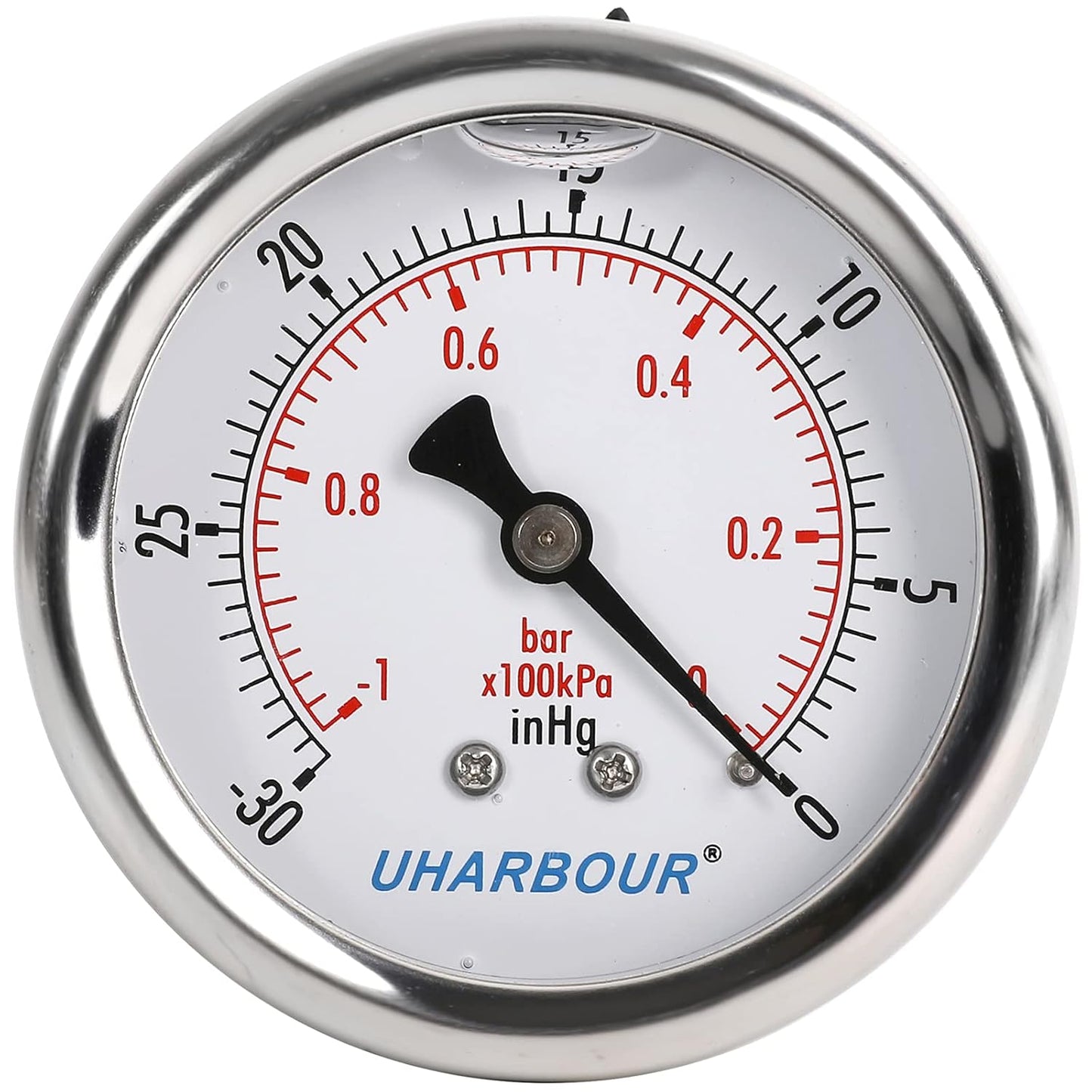 Glycerin Filled Vacuum Pressure Gauge, 2-1/2" Clear dial,1/4" NPT Back Connection, Stainless Steel Case, Brass Movement, Dual Scales -30inHg/-1BAR-0
