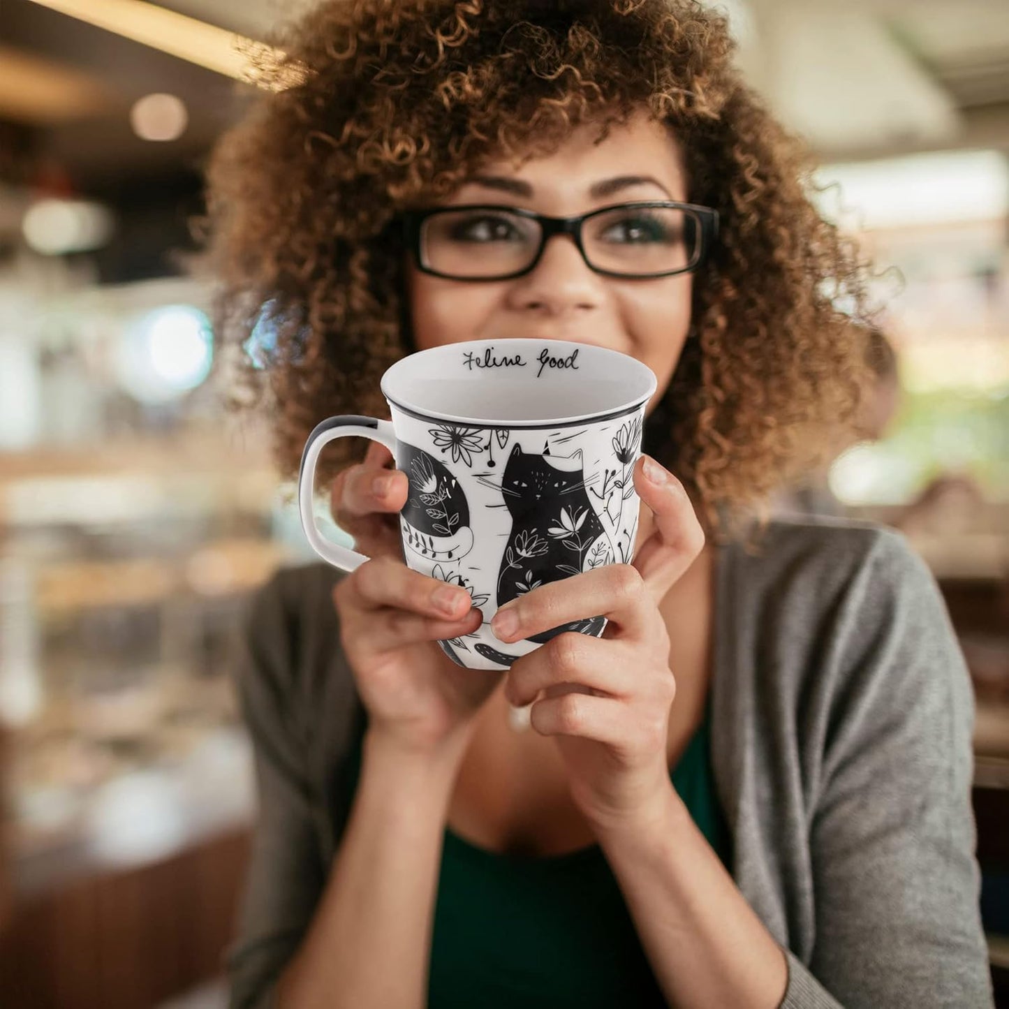 Karma Gifts 16 oz Black and White Boho Mug Cat - Cute Coffee and Tea Mug - Ceramic Coffee Mugs for Women and Men