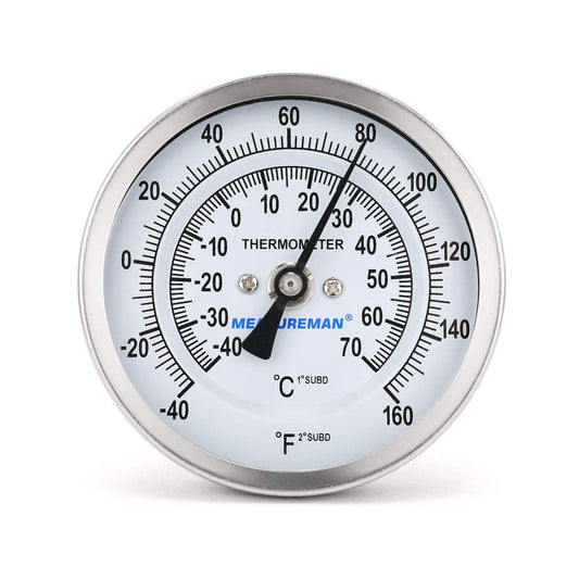 MEASUREMAN Fully Stainless Steel Pot, Kettle, Brewing Bimetal Dial Thermometer, 3" Dial, 2-1/2" Stem, -40-160 deg F/-40-70 deg C, -1% Accuracy, Adjustable, 1/2" NPT Back Mount