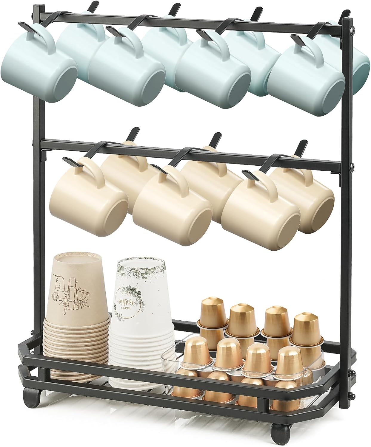 Coffee Mug Holder for Countertop, Coffee Cup Holder Rack with 14 Hooks, Metal Mug Tree Stand with Storage Base for K Cup Coffee Pod Paper Cups Tea Bag - Black