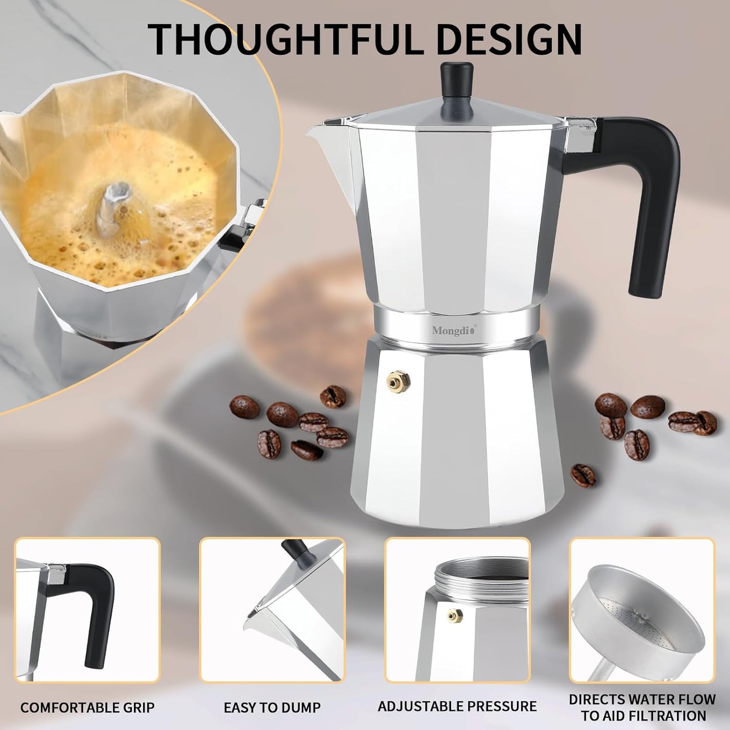 Mongdio Stovetop Espresso Maker Moka Pot, Stove Top Cuban Coffee Maker, Italian Greca Mocha Pot, 6 Espresso Cups, 10 oz - Silver