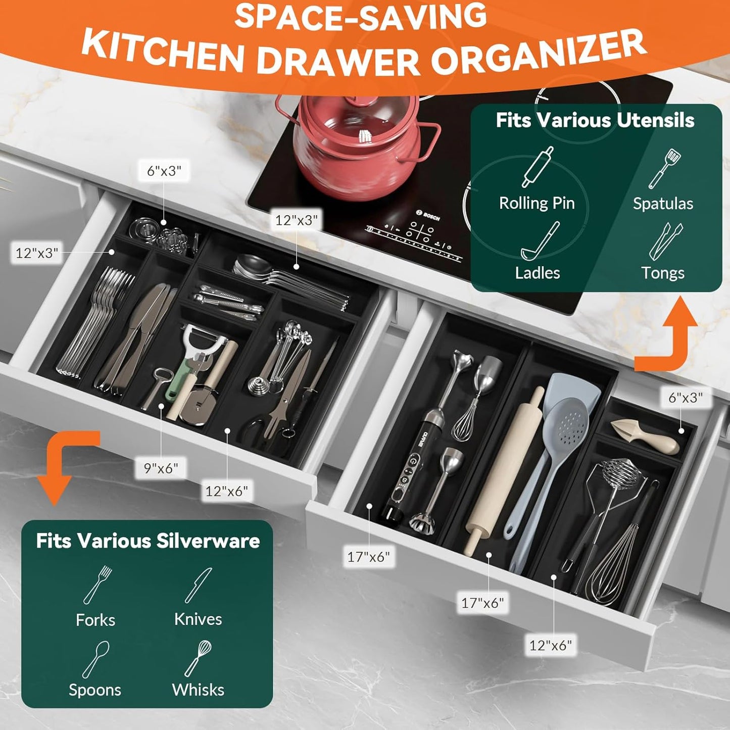 Bamboo Drawer Organizer, Narrow Silverware Organizer for Kitchen, Stackable Utensil Organizer, 2 Pcs Flatware Organizer, Wooden Storage Box Tray (Black, 12 X 3 X 2 Inch)