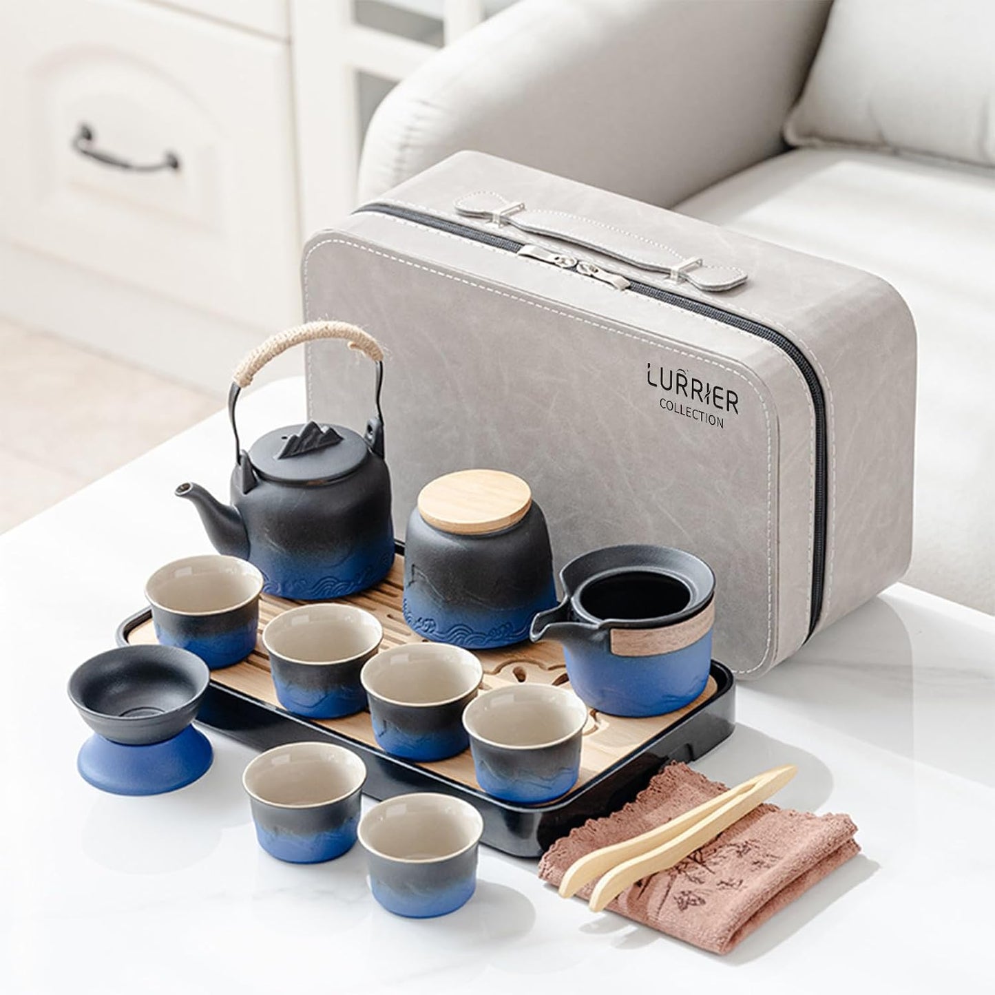 LURRIER Gongfu tea sets, Portable Ceramic TeaSet, Asian Tea sets for adult, Tea Gift sets, Grey leather case, Portable Travel Bag,Home,Gifting,Outdoor and Office(Black and Blue)